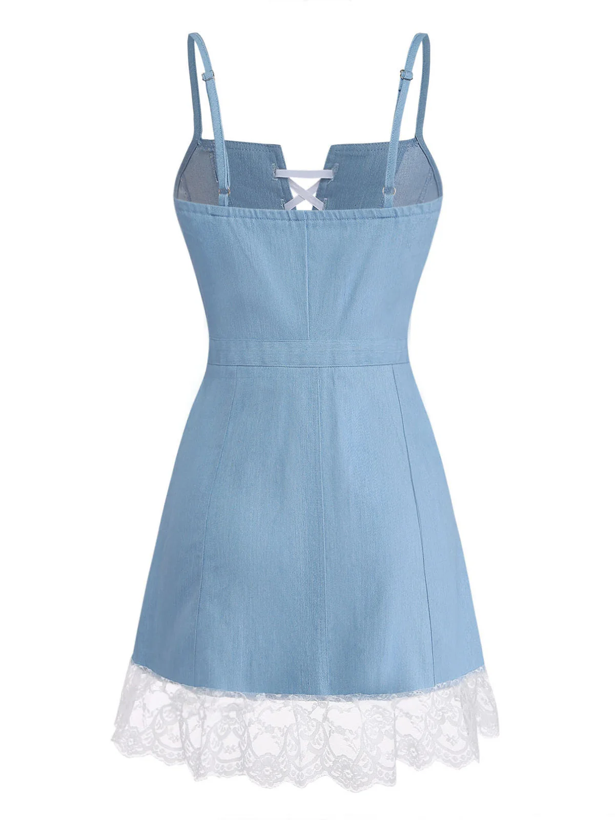 Blue 1980s Denim Spaghetti Strap Lace Hem Corset Dress - Image 3