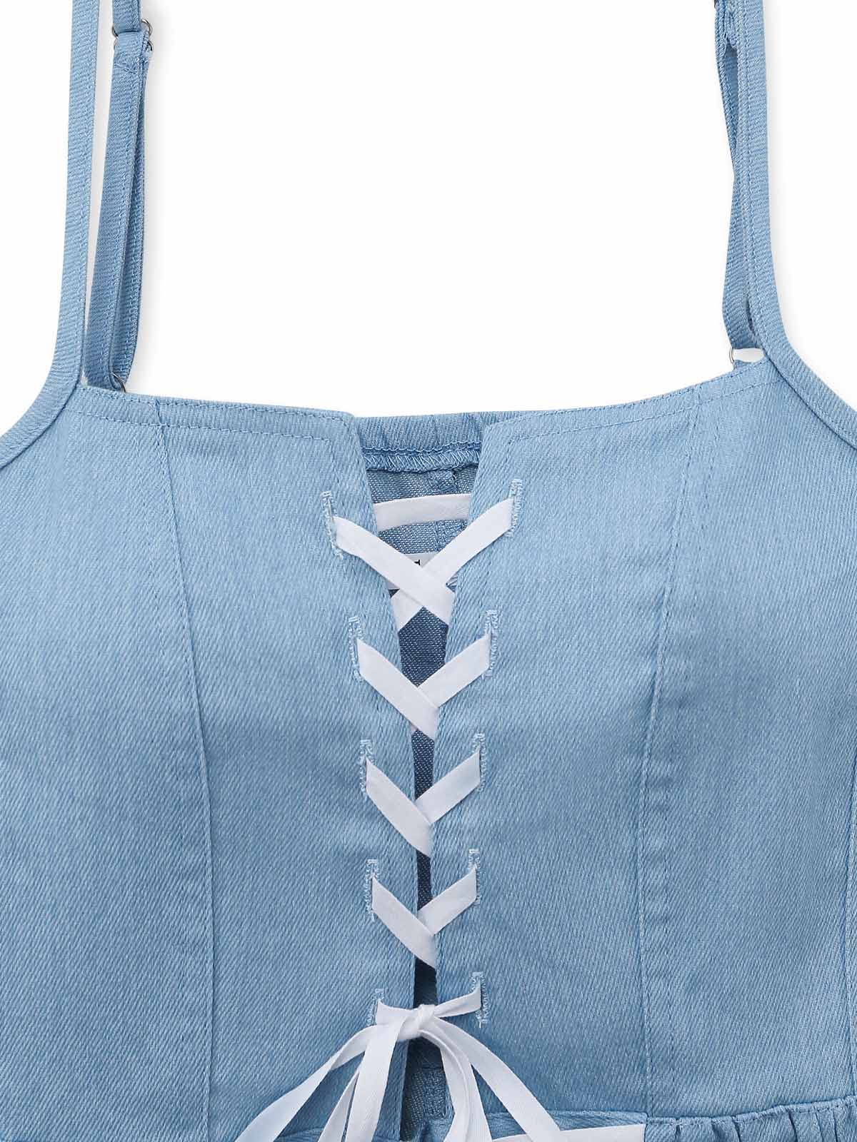 Blue 1980s Denim Spaghetti Strap Lace Hem Corset Dress - Image 4