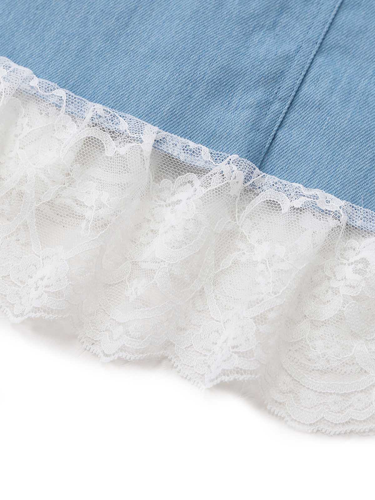 Blue 1980s Denim Spaghetti Strap Lace Hem Corset Dress - Image 6