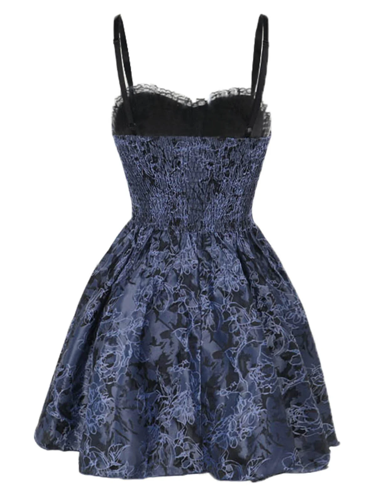 Blue 1980s Gothic Steampunk Floral Print Lace Patchwork Bubble Dress - Image 2
