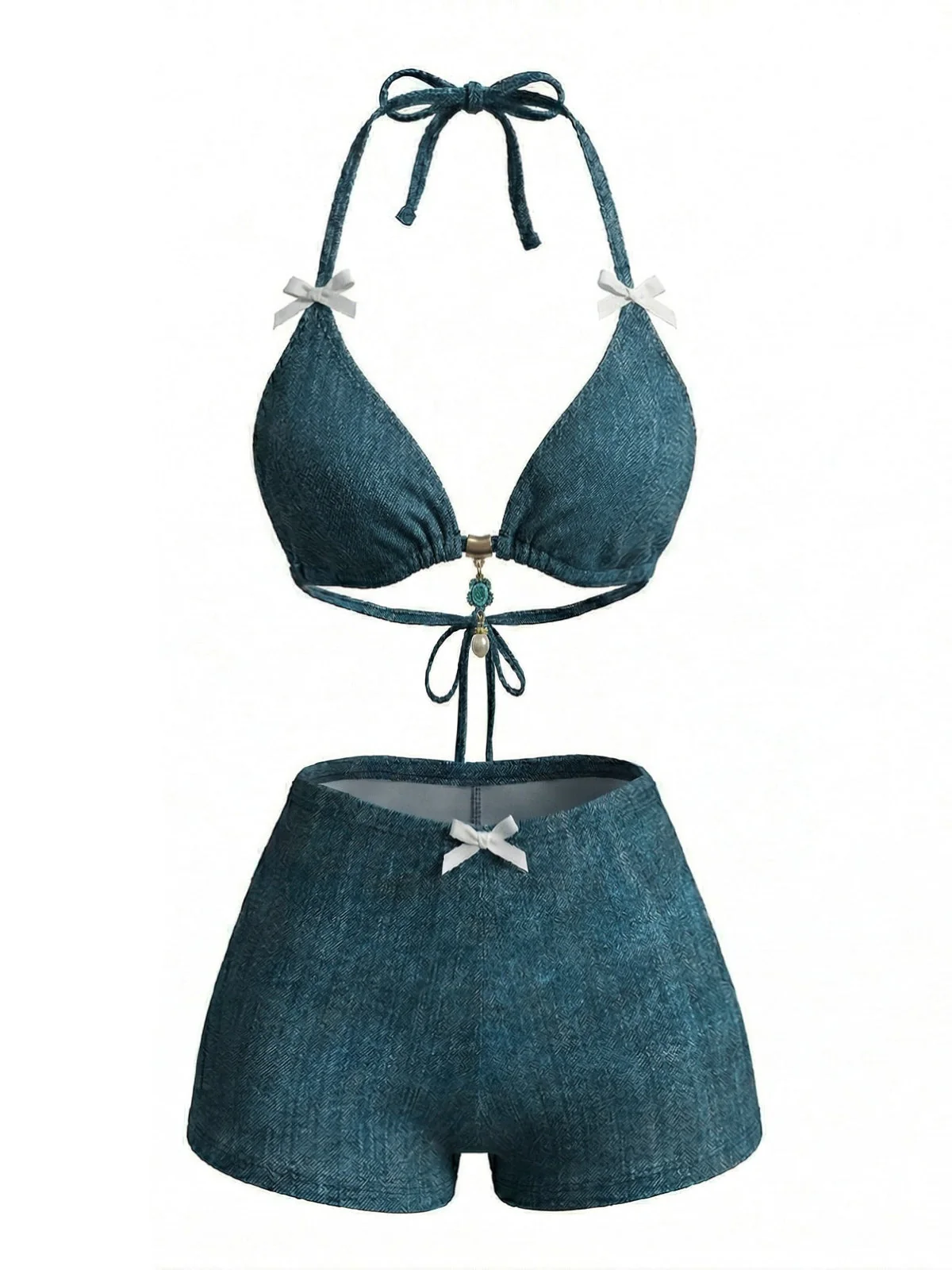 Blue 1980s Halter Beaded Denim Bow Bikini Set