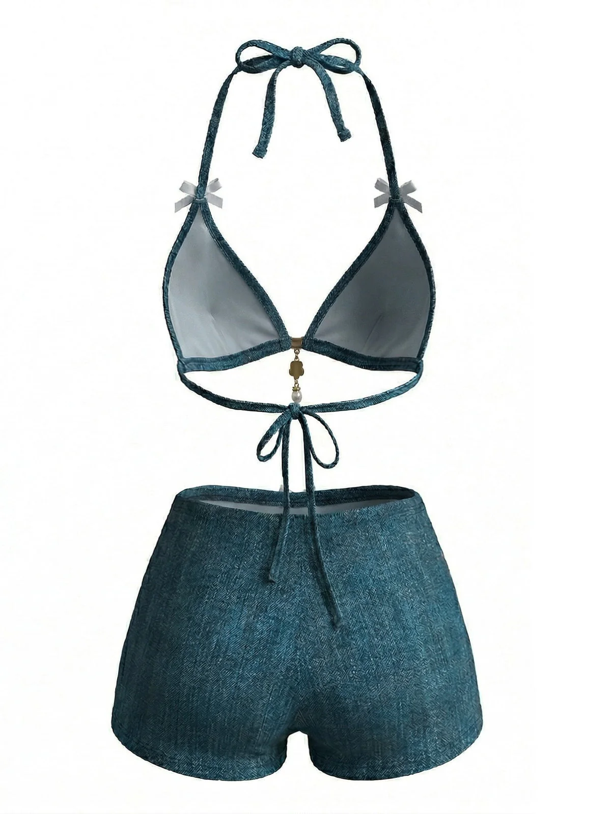 Blue 1980s Halter Beaded Denim Bow Bikini Set - Image 2