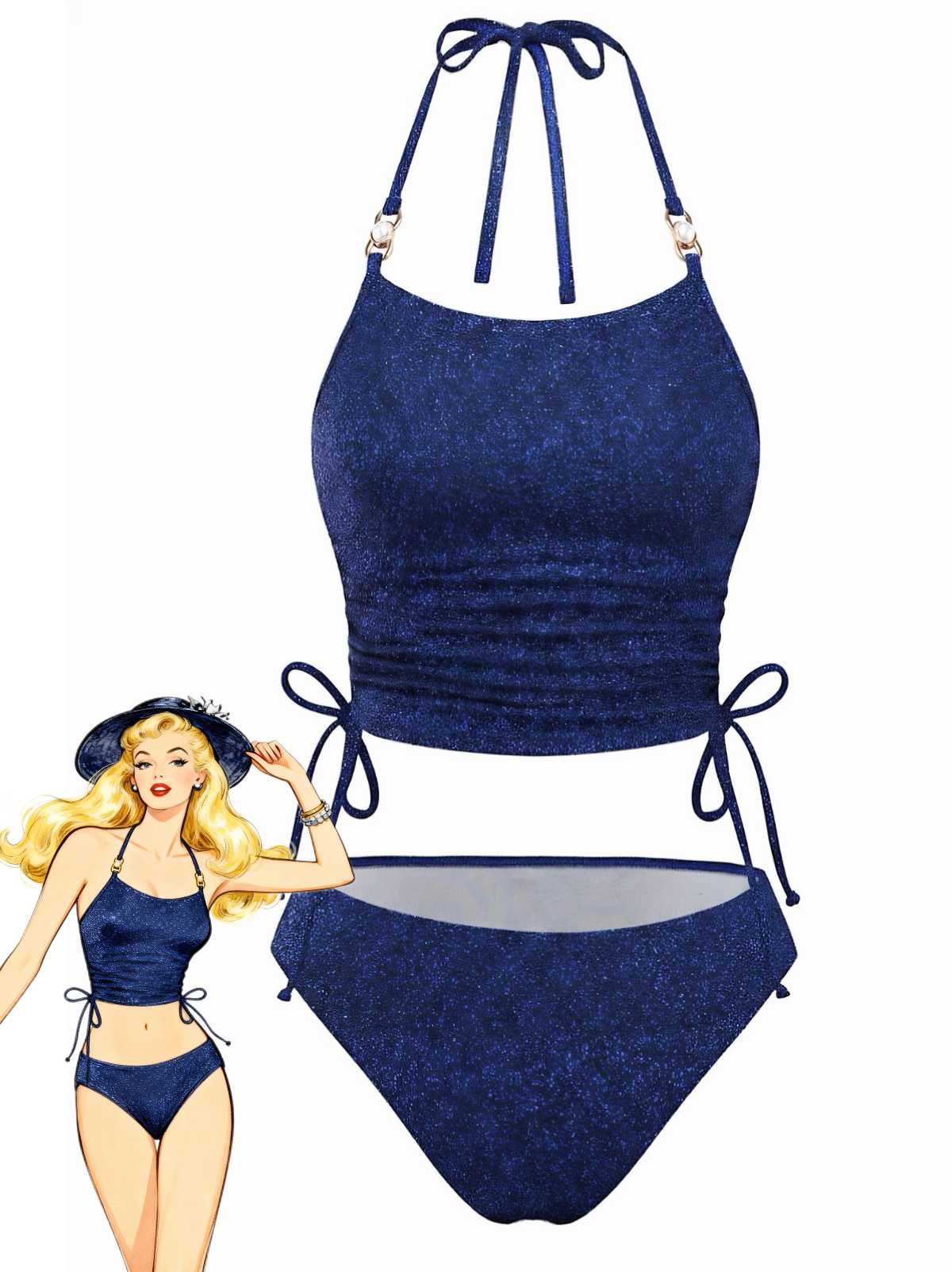 Blue 1980s Halter Pearl Sequin Shimmer Tankini Set