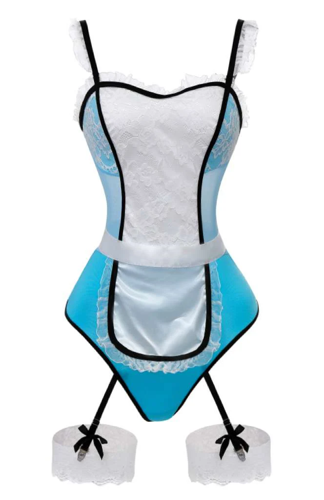 Blue 1980s Lace French Maid Costume Sleepwear