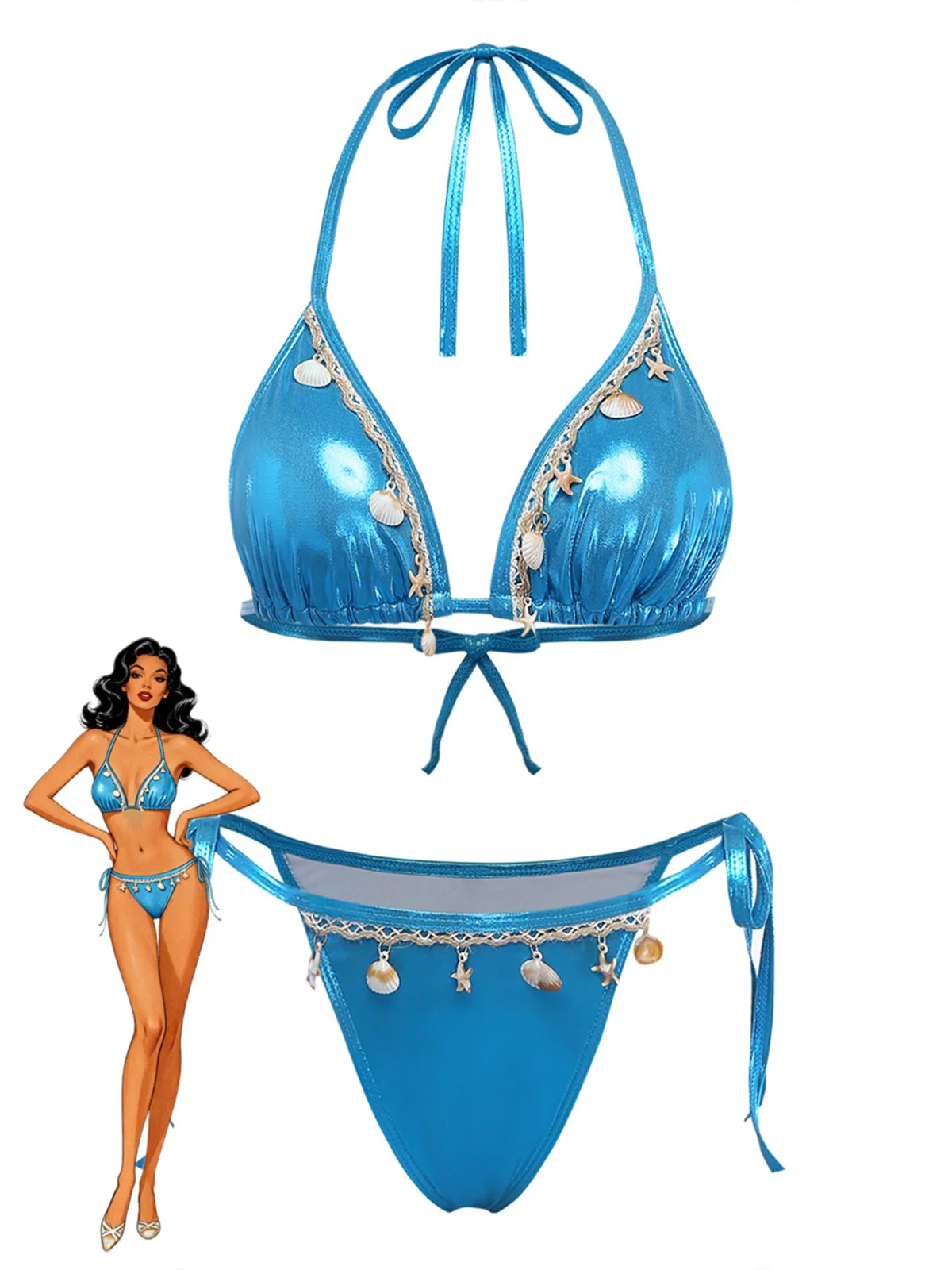 Blue 1980s Metallic Shell Halter Bikini Set