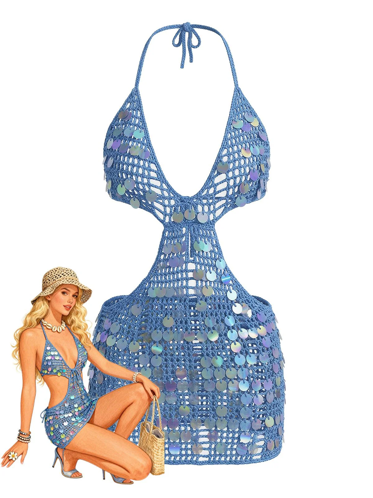Blue 1980s Sequin Deep V-Neck Backless Beach Cover Up