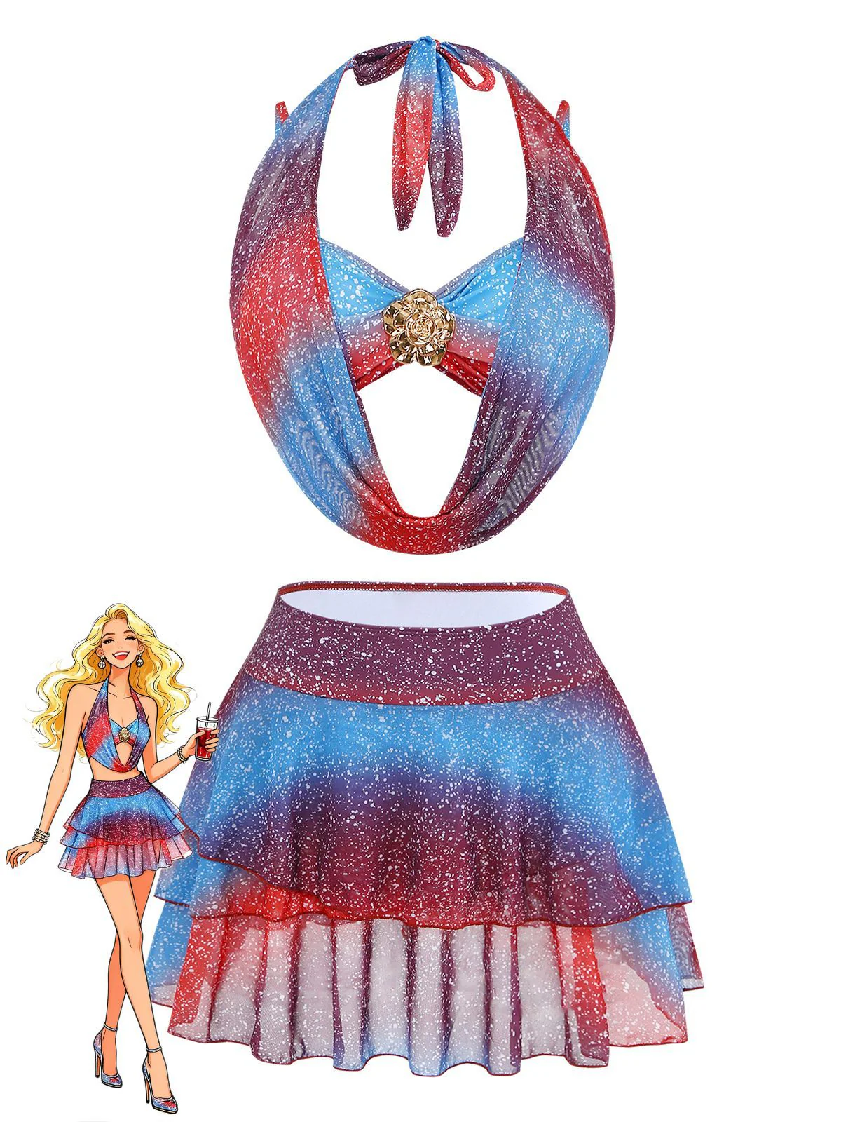 Blue & Red 1950s Gradient Glitter Halter Skirt Swimsuit Set