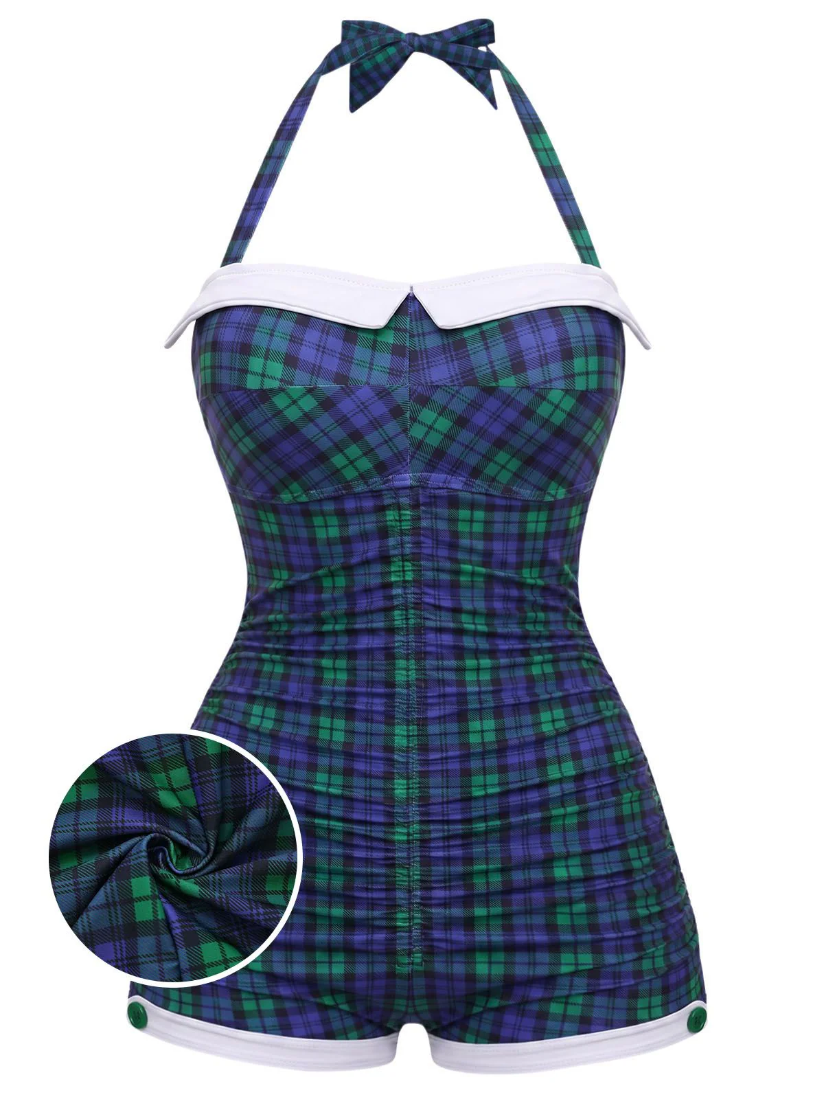 Blue-Green Gingham 1950s Halter Bowknot One-piece Swimsuit
