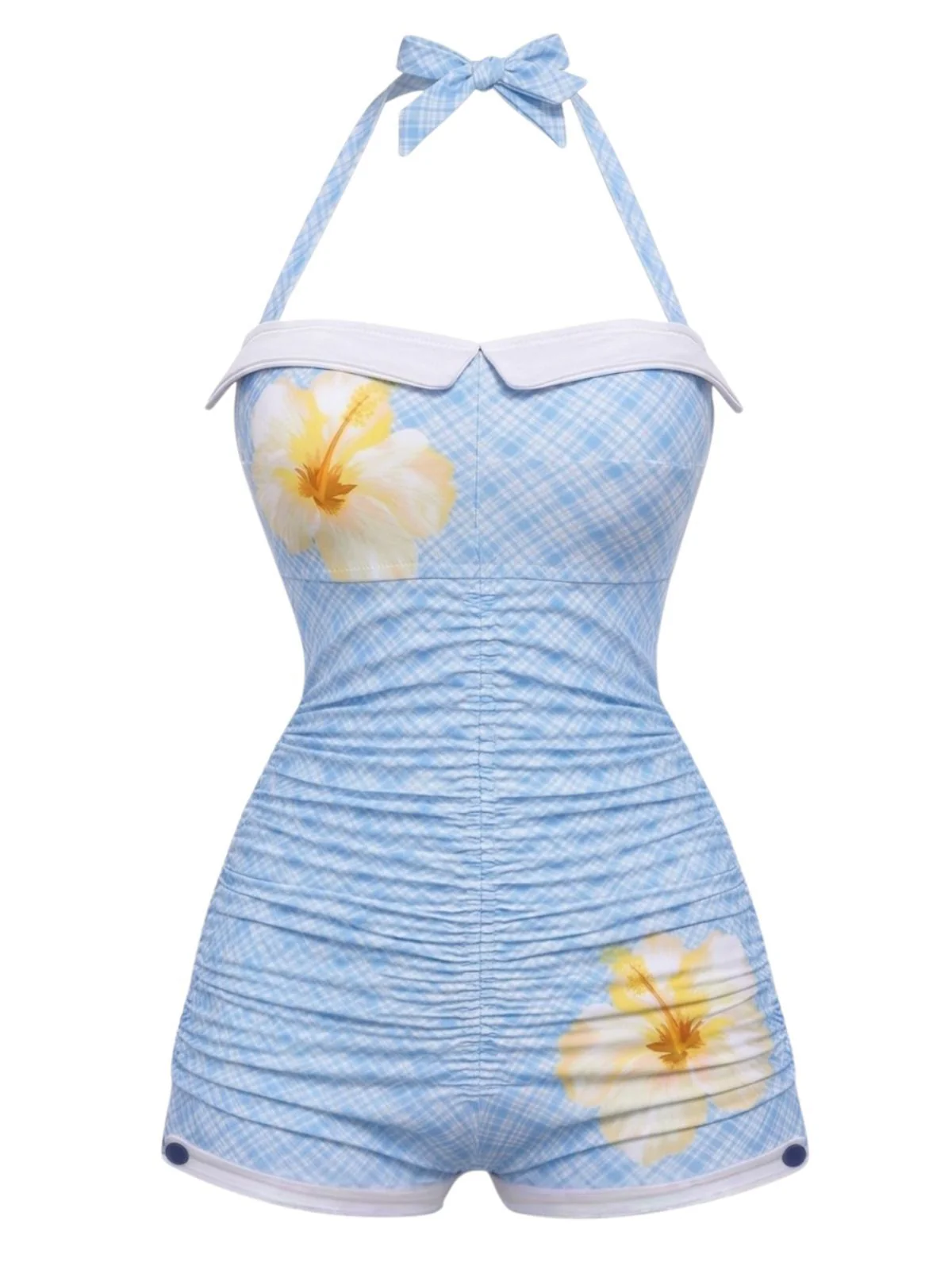 Blue-Green Gingham 1950s Halter Bowknot One-piece Swimsuit - Image 26