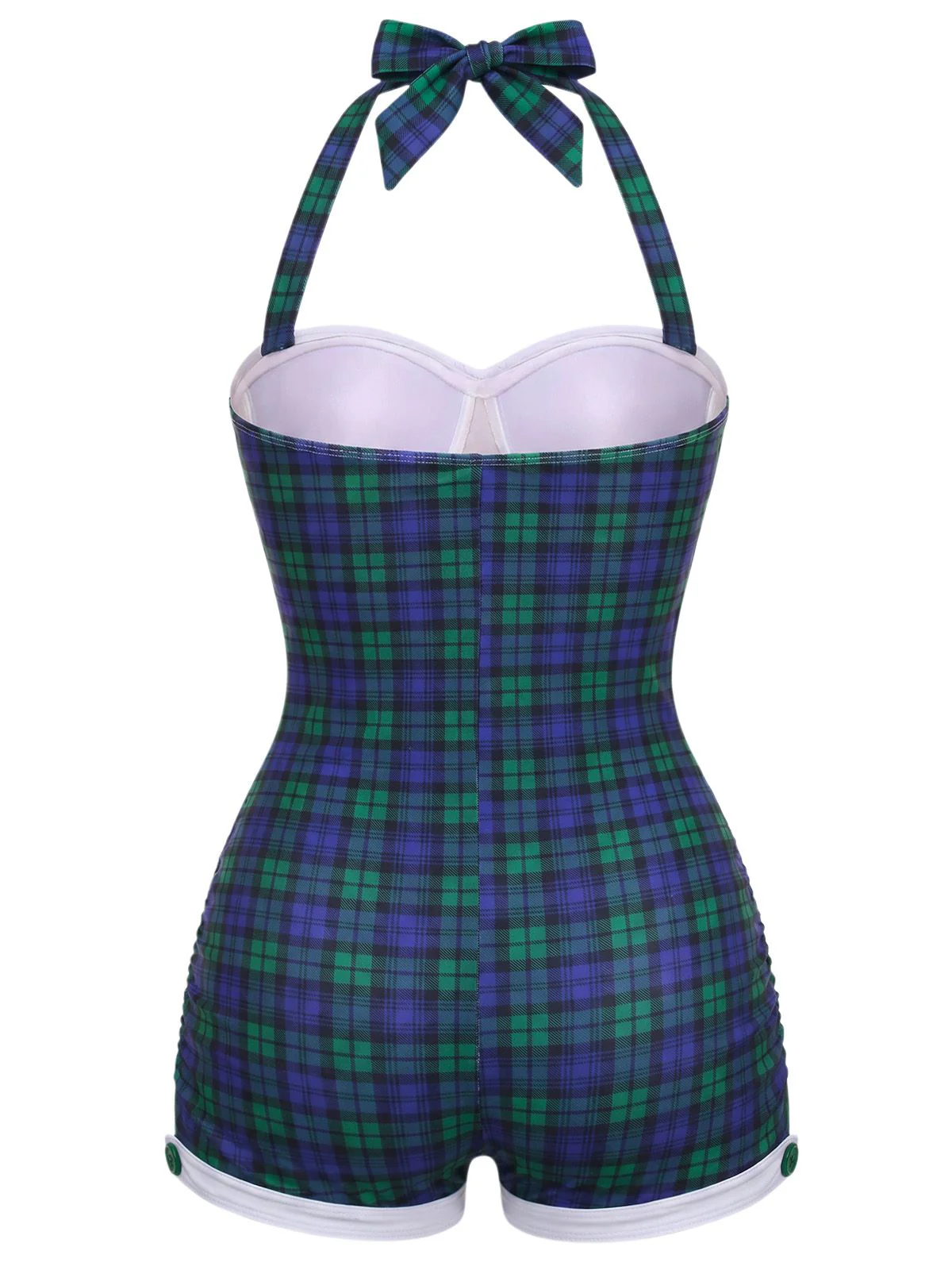 Blue-Green Gingham 1950s Halter Bowknot One-piece Swimsuit - Image 3