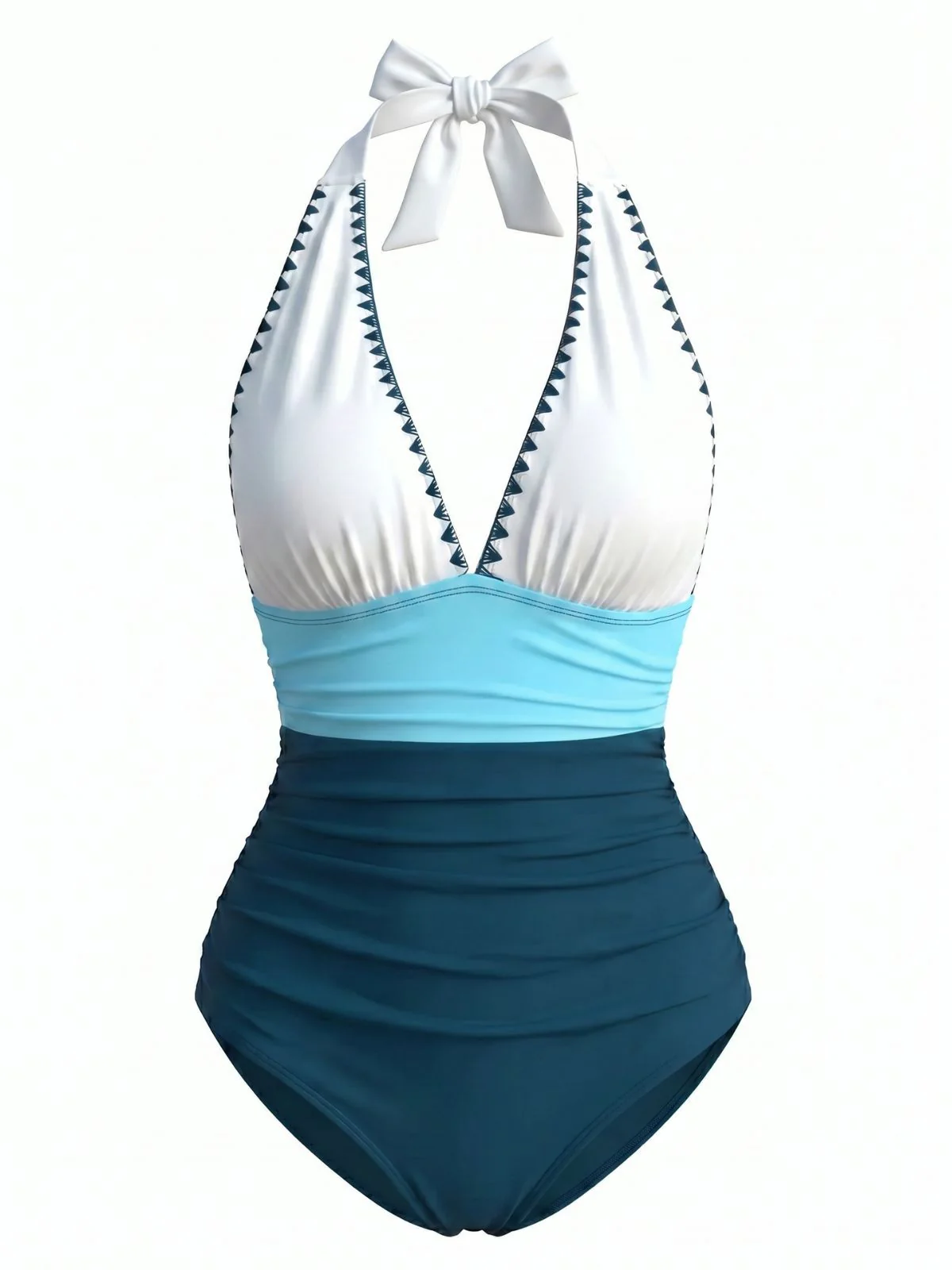 Blue & White 1950s Zigzag Embroidered V-Neck Swimsuit