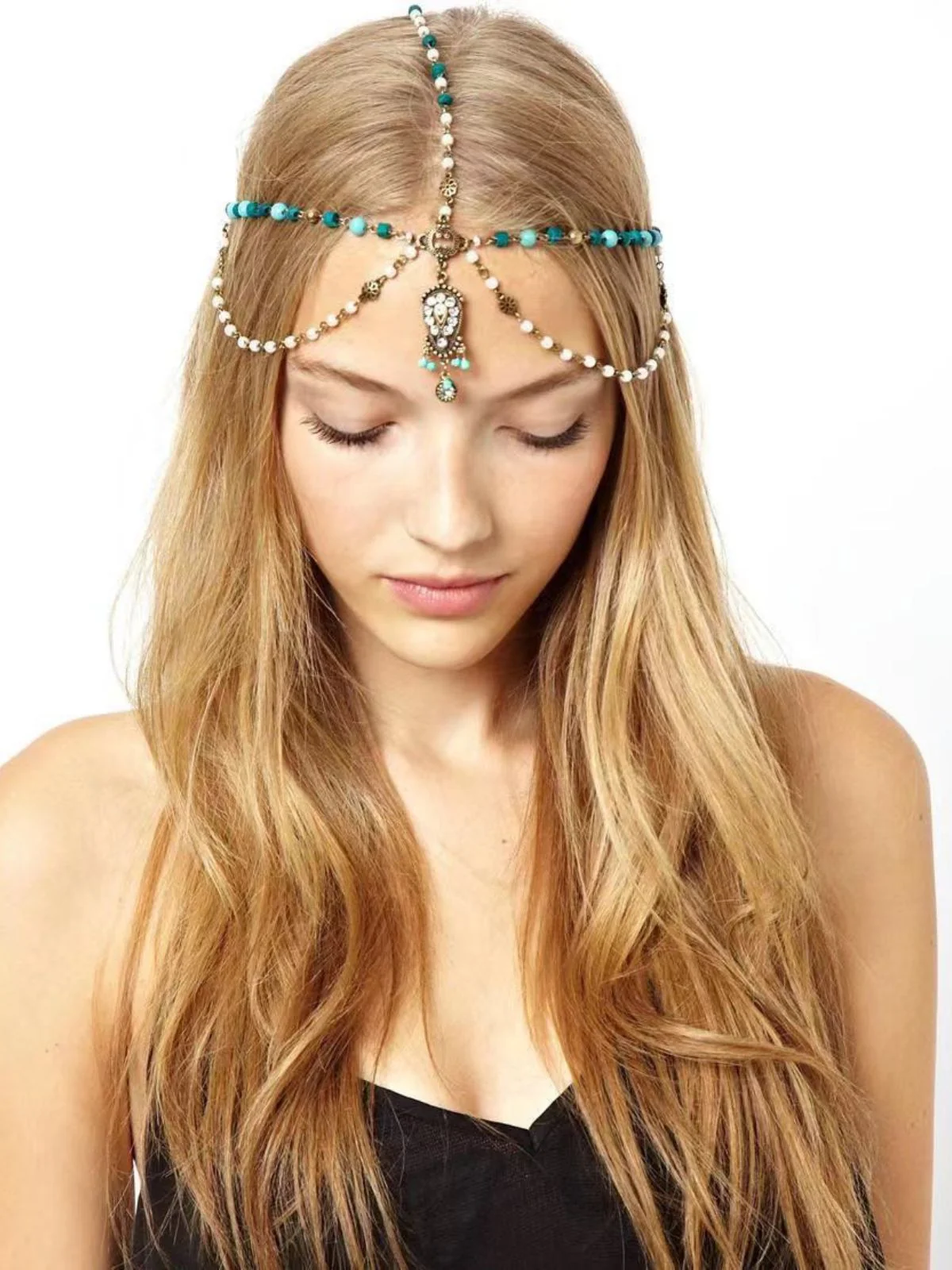 Bohemian Beaded Turquoise Pearl Drops Head Chain