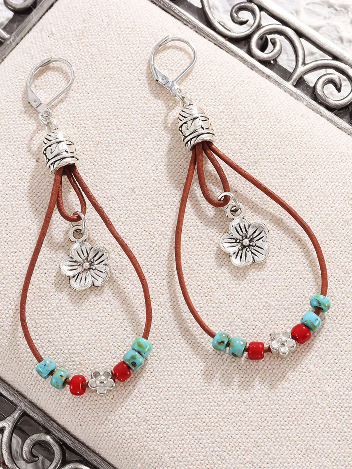 Bohemian Floral Beaded Vintage Drop Earrings - Image 2