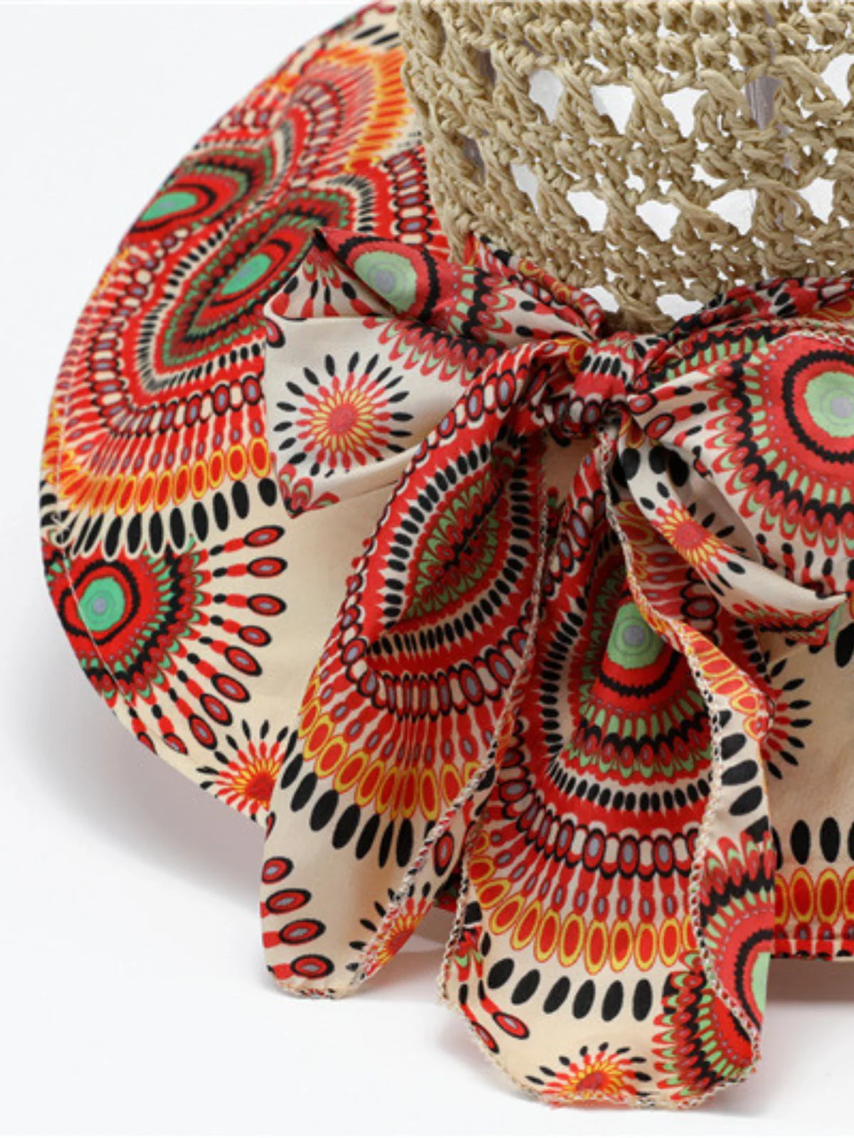 Bohemian Mandala Print Crochet Straw Bow Sun Hat - Image 4