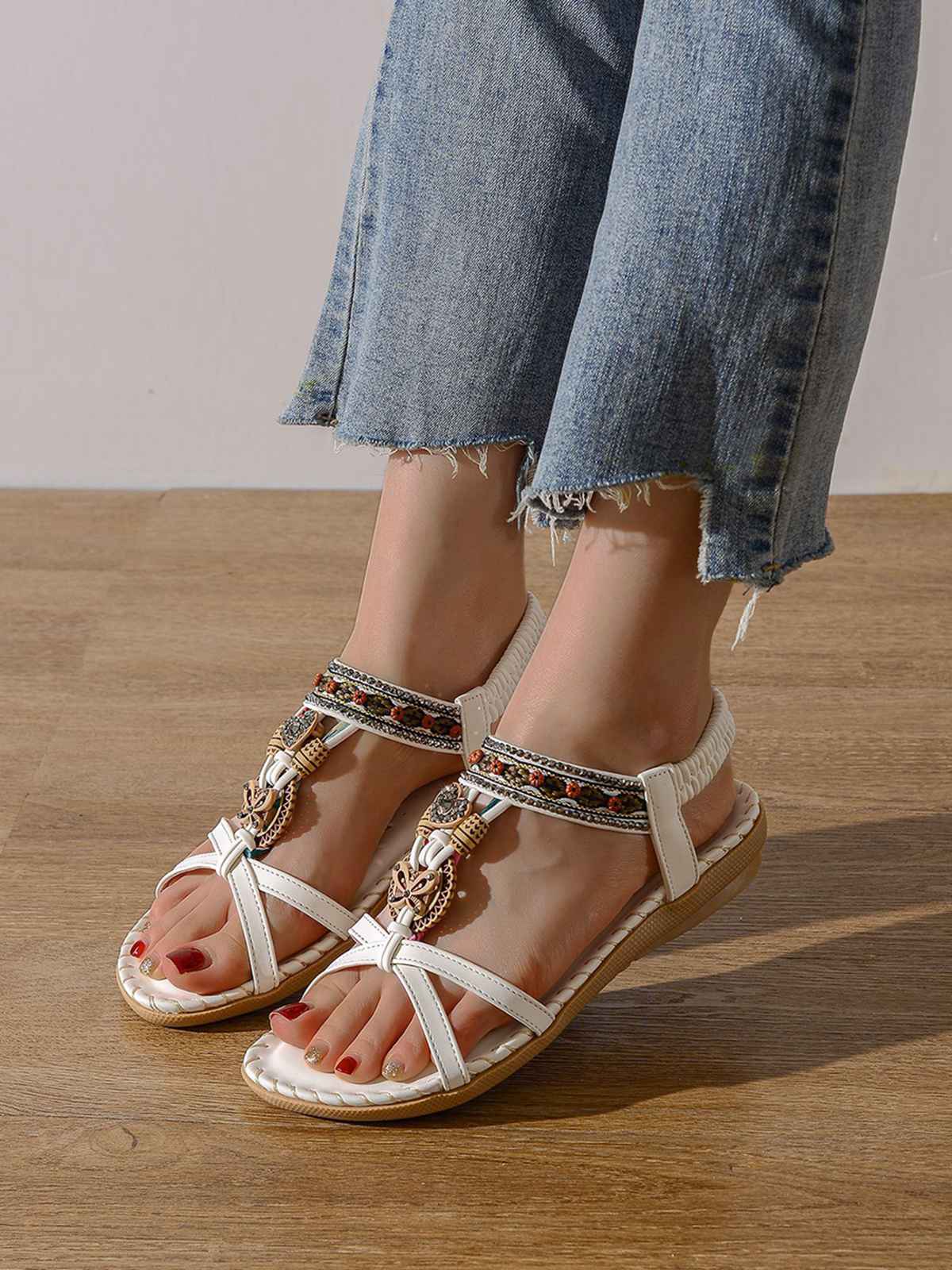 Boho Butterfly Heart Beaded Rhinestone Flat Sandals