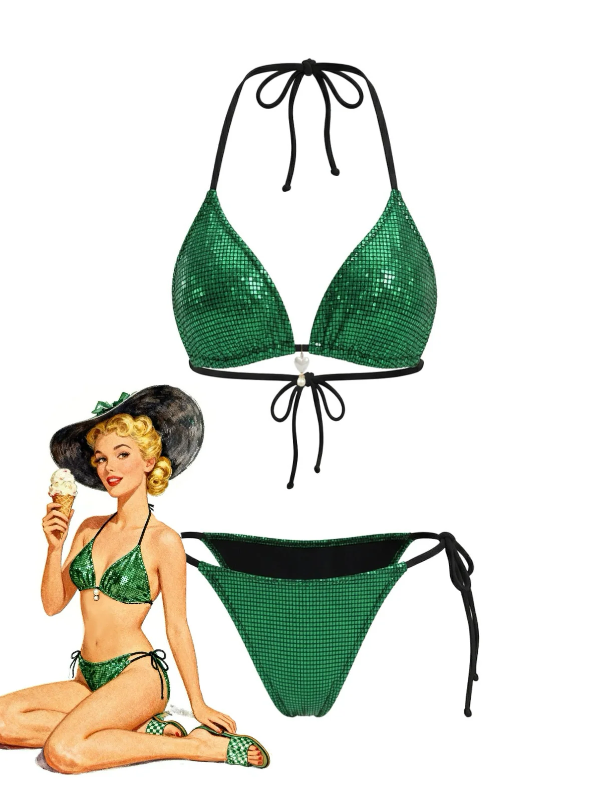 Bright Green 1980s Sequin Halter String Bikini Set