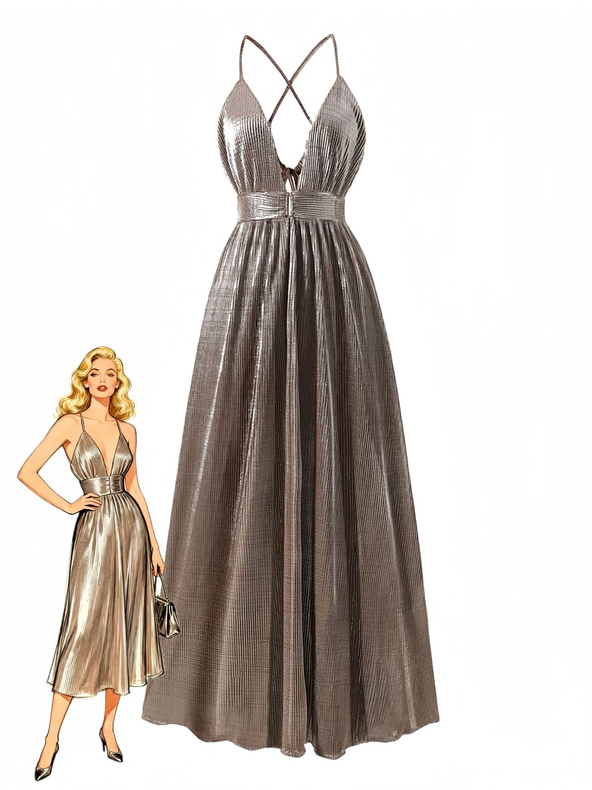 Brown 1930s Deep V Metallic Cut-Out Maxi Dress