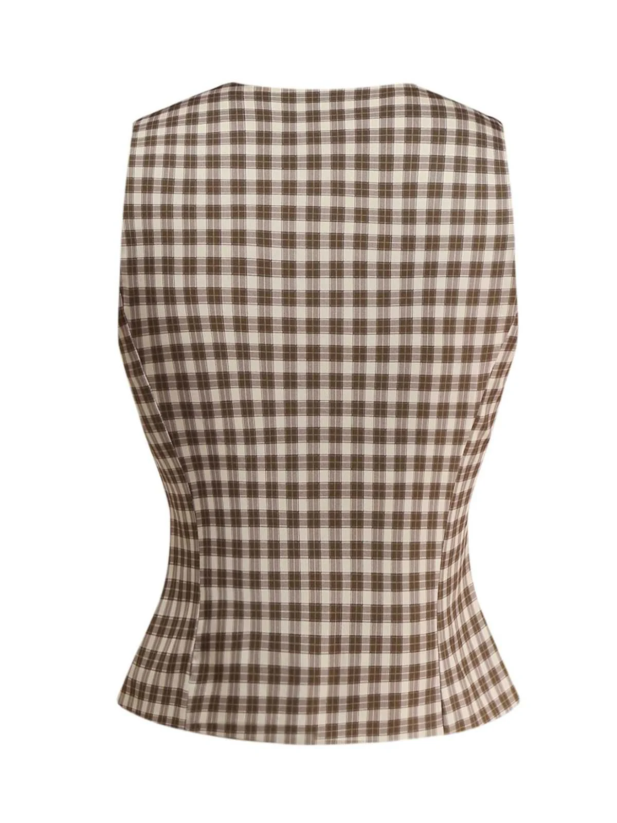 2PCS Brown 1960s Gingham Plaid Pleated Vest & Skirt - Image 4