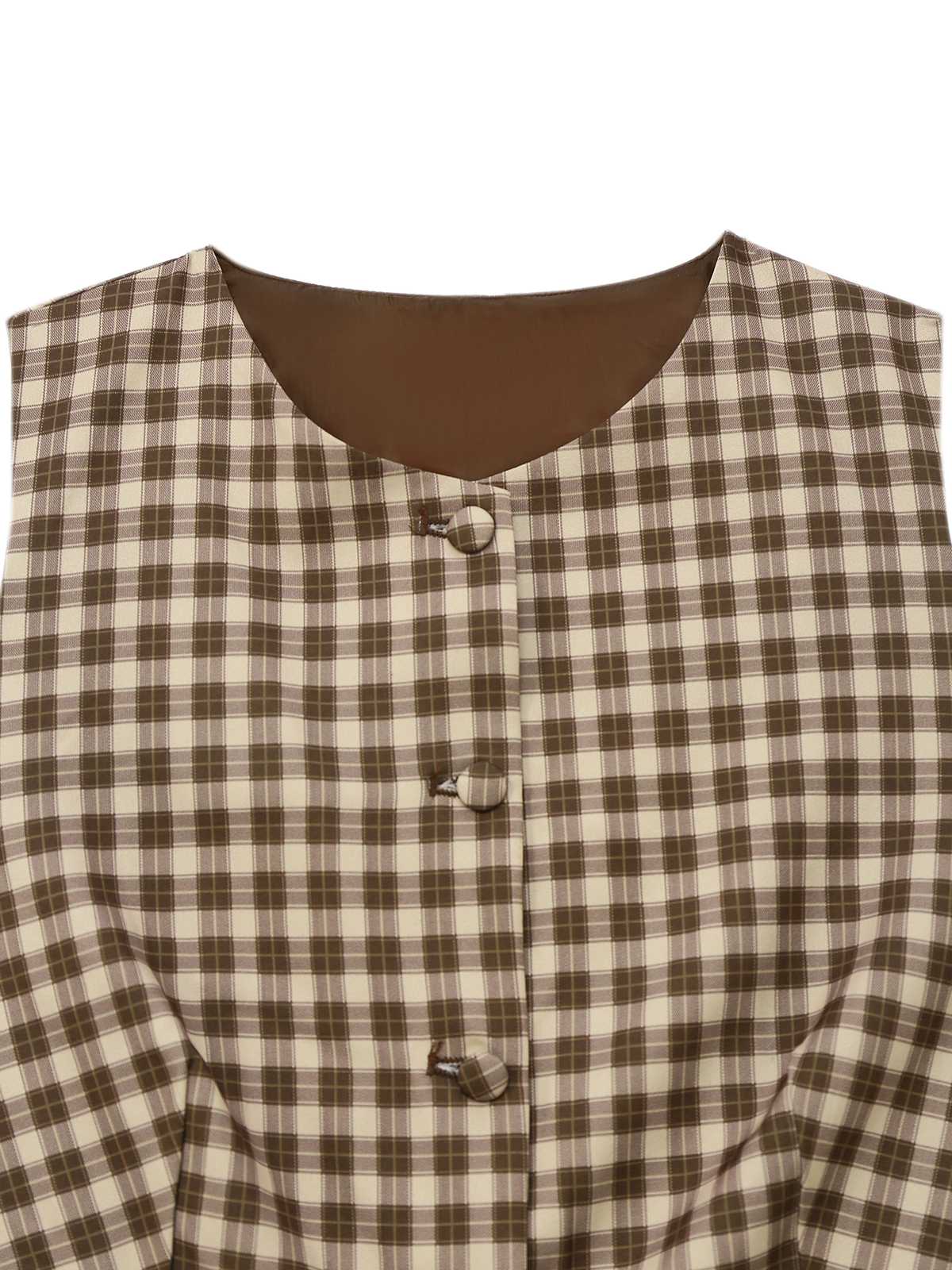 2PCS Brown 1960s Gingham Plaid Pleated Vest & Skirt - Image 5
