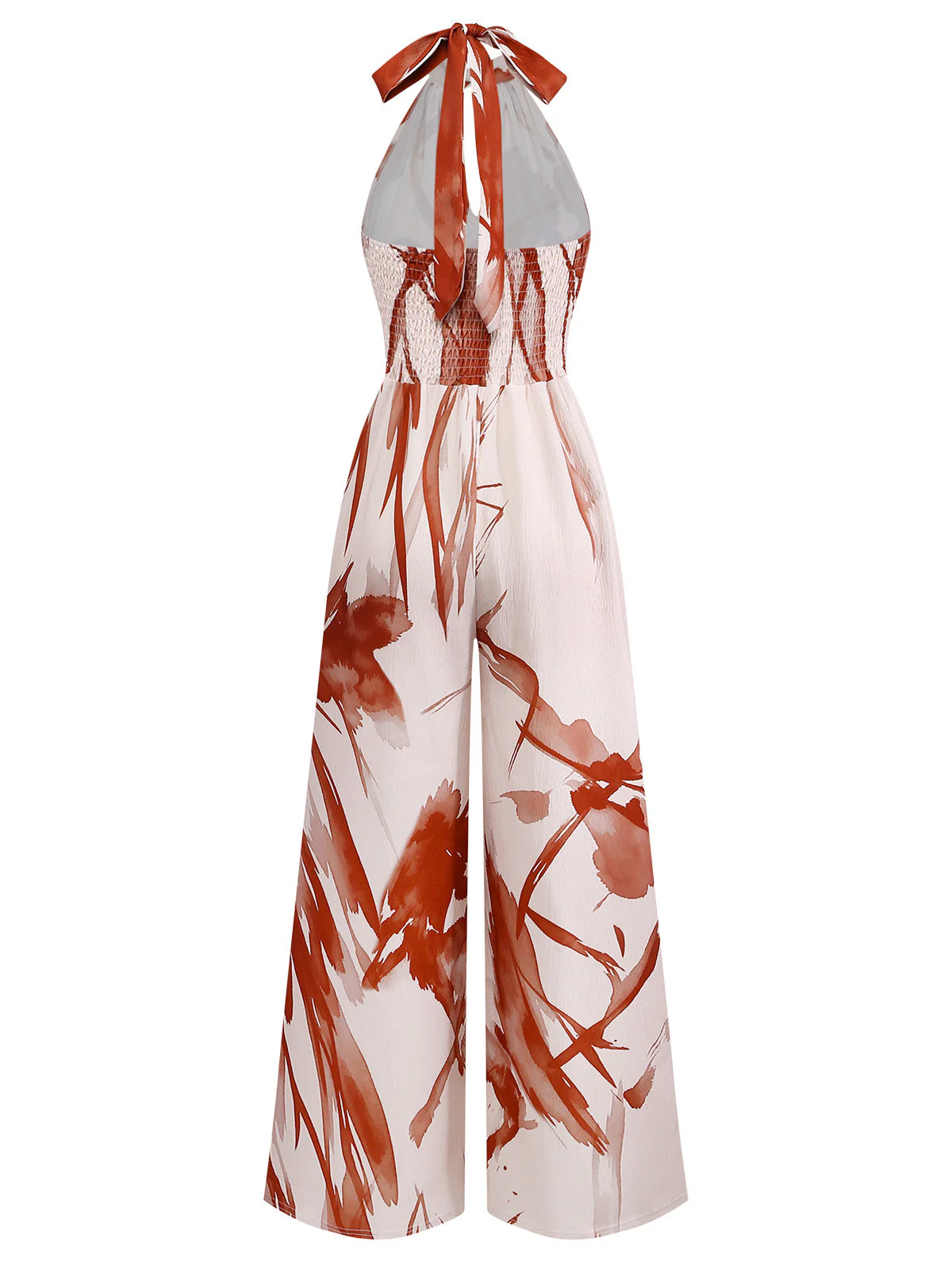 Brown 1930s Sleeveless Halter Abstract Floral Print Jumpsuit - Image 3