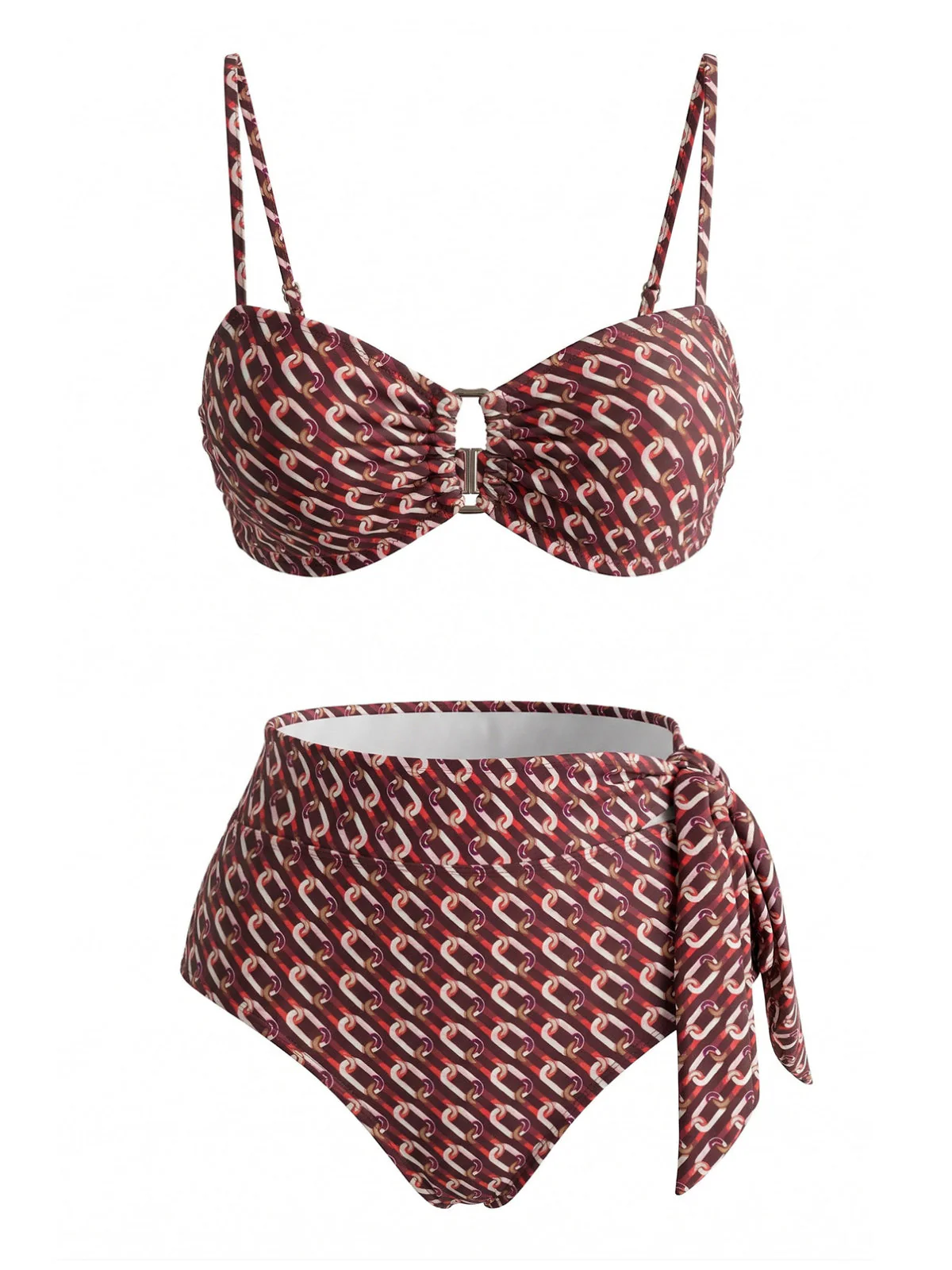 Brown 1940s Chain Print High Waist Bikini Set - Image 2