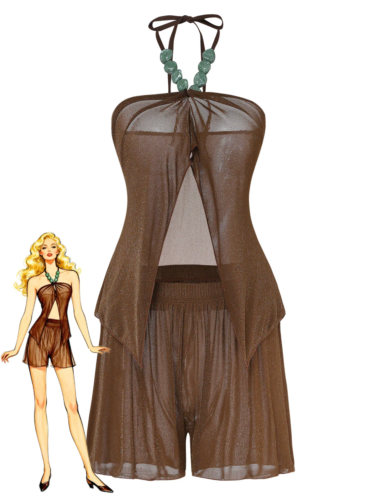 Brown 1940s Halter Solid Cover Up Set