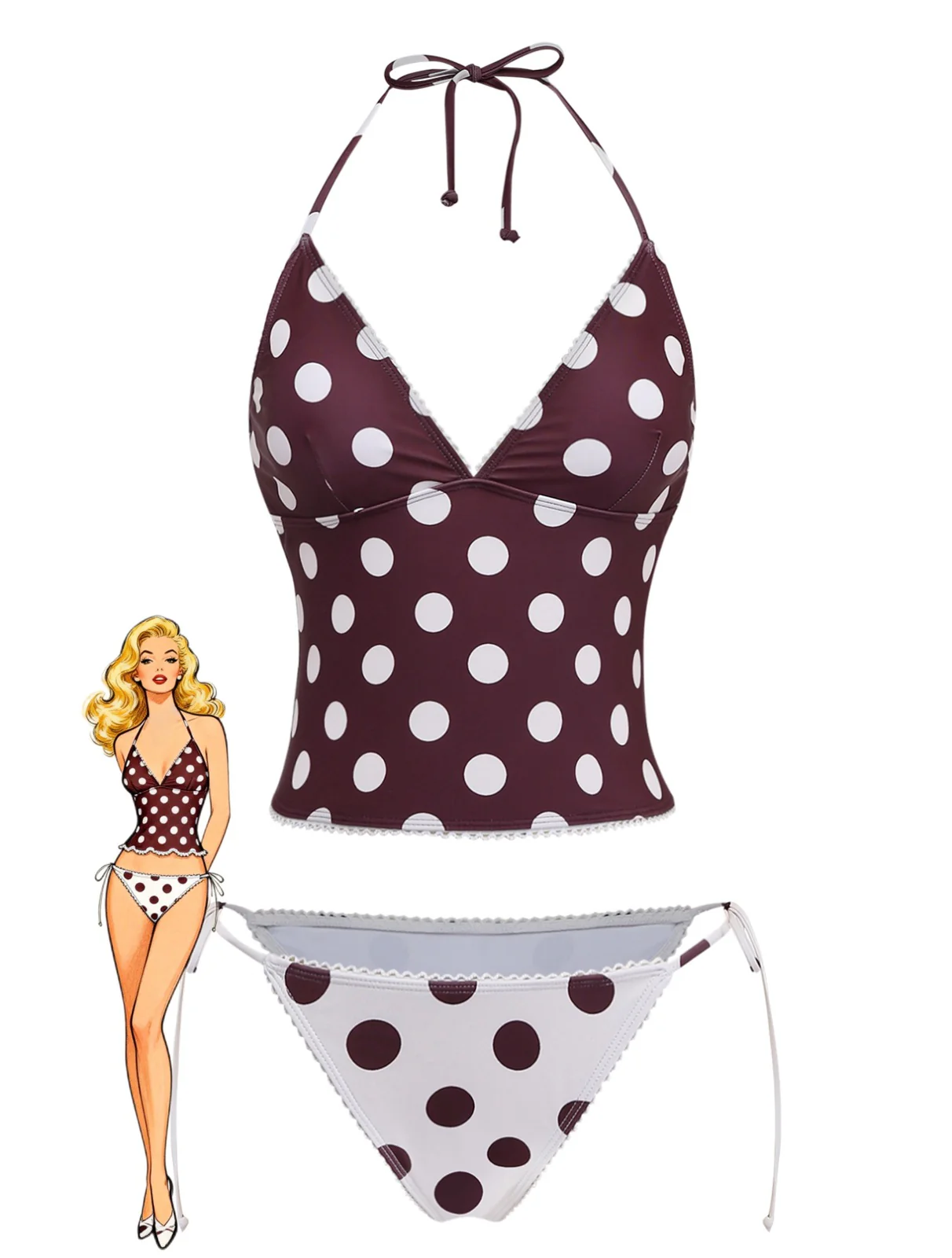 Brown 1940s Polka Dot Deep-V Halter Tankini Set