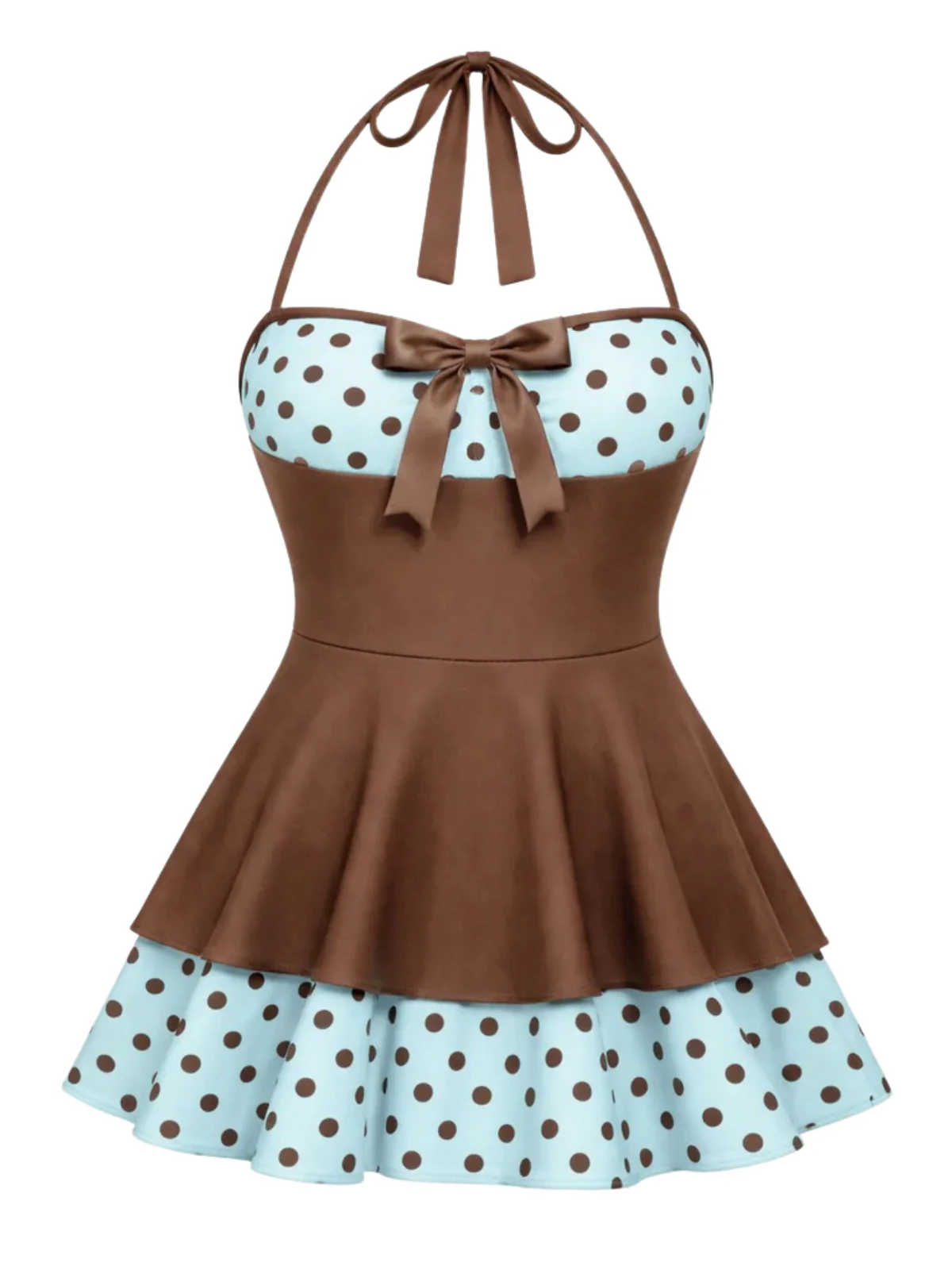 Brown 1940s Polka Dots Patchwork Halter Swimdress