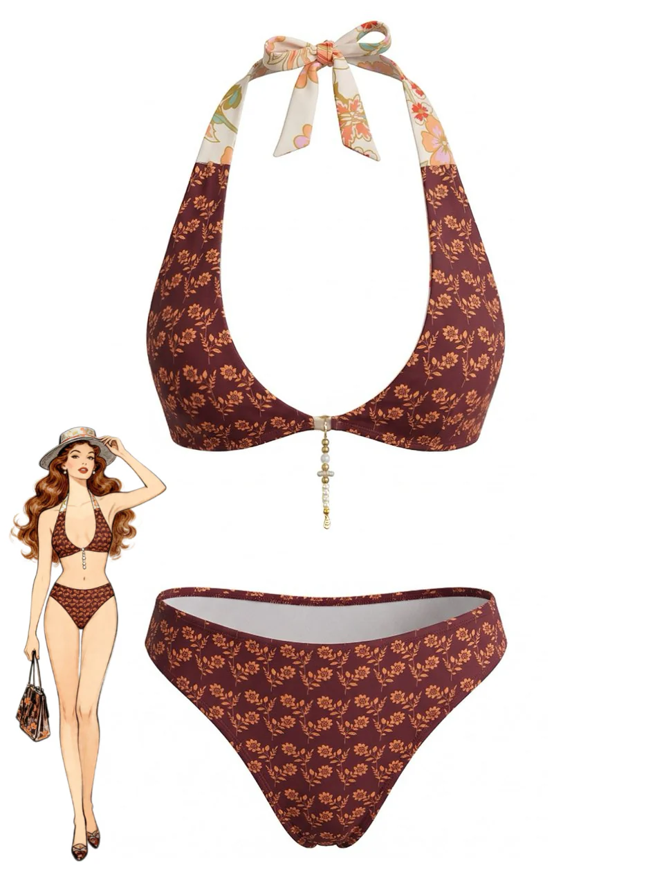 Brown 1940s Reversible Flower Halter Bikini Set