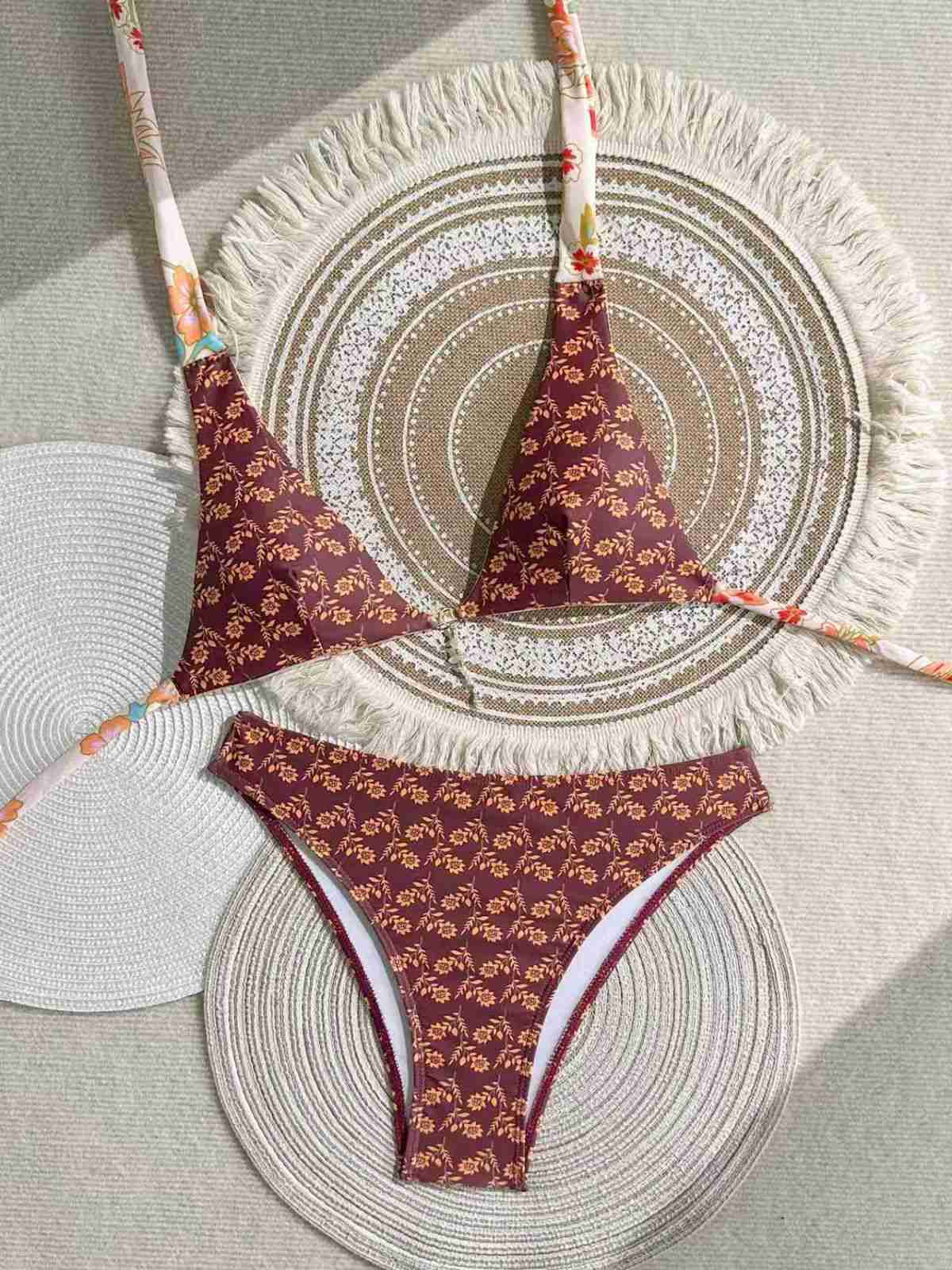 Brown 1940s Reversible Flower Halter Bikini Set - Image 5
