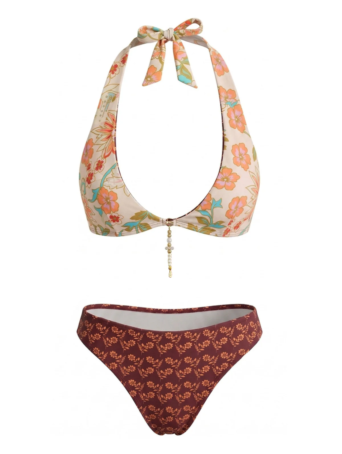 Brown 1940s Reversible Flower Halter Bikini Set - Image 8