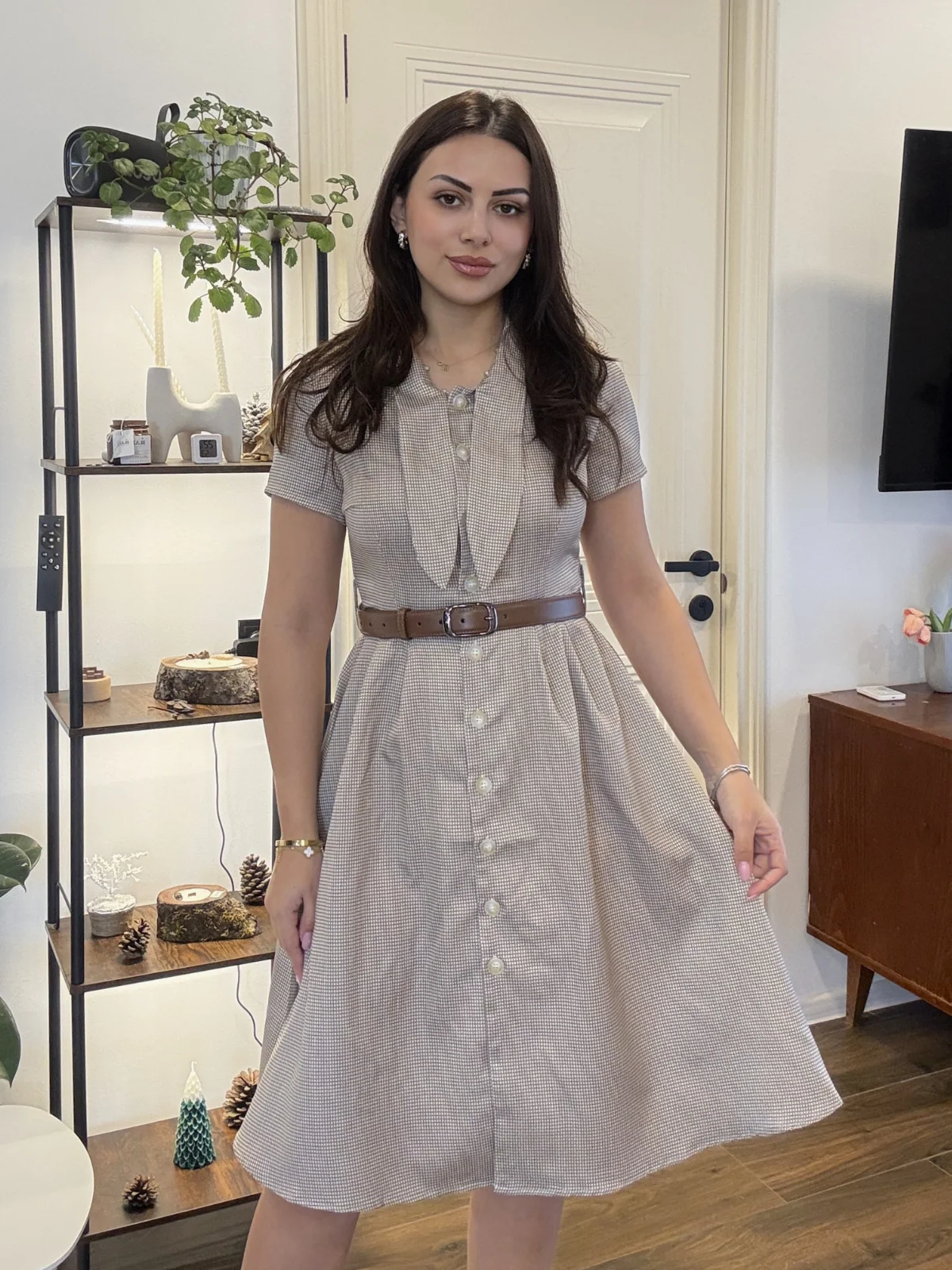Brown 1940s Small Windowpane Plaid Dress