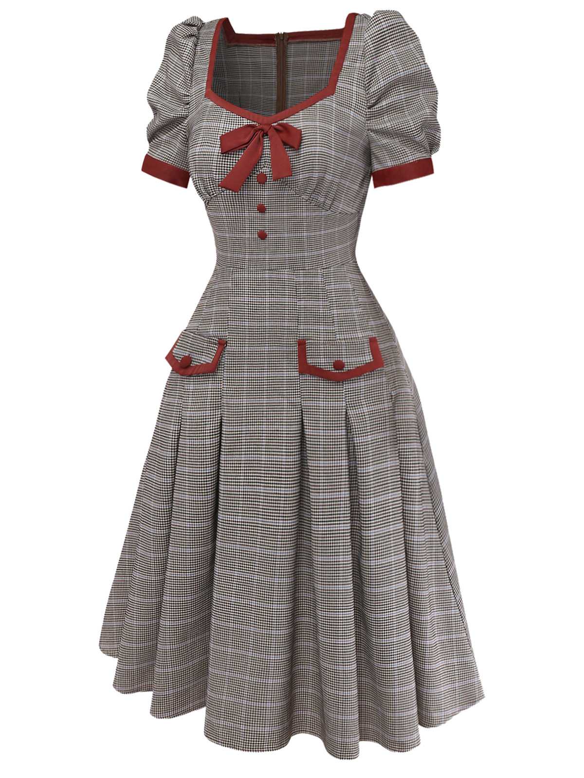 Brown 1950s Bow Houndstooth Pleated Dress - Image 5