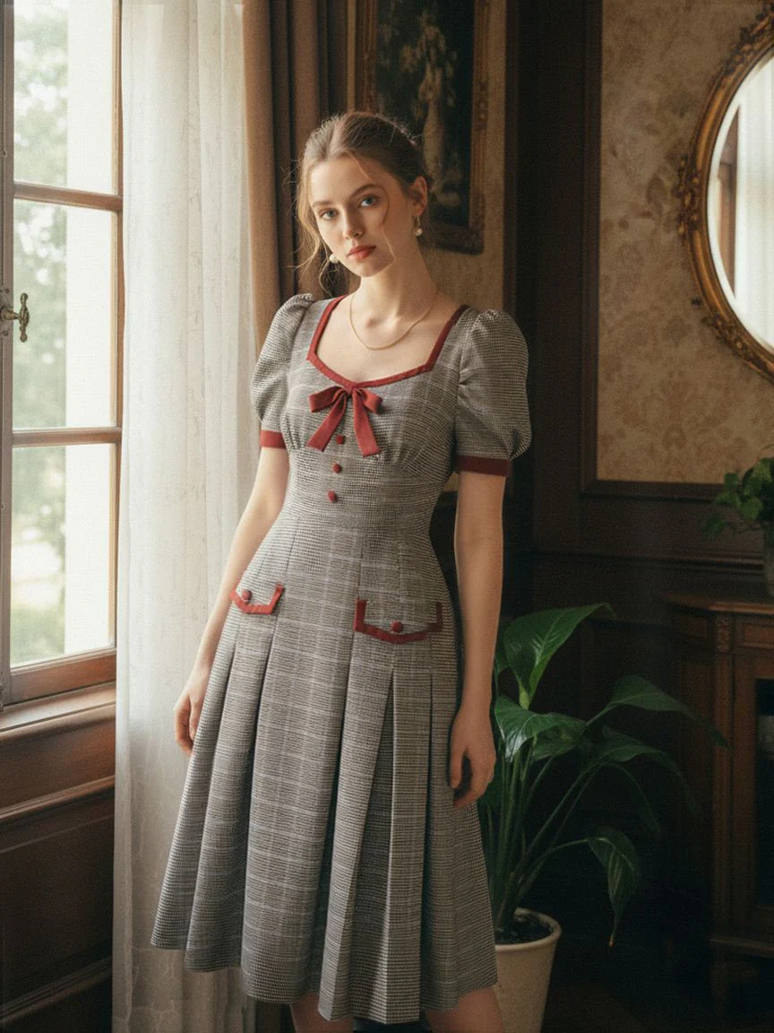Brown 1950s Bow Houndstooth Pleated Dress - Image 2