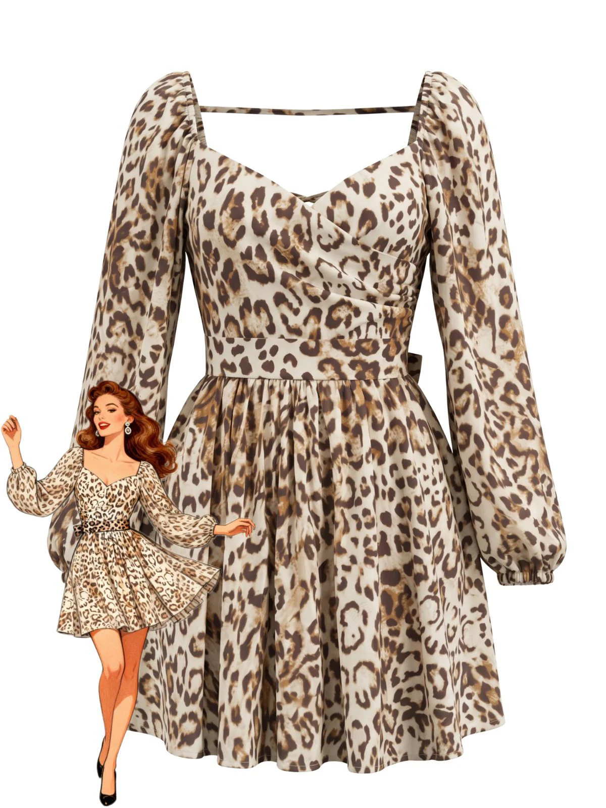 Brown 1950s Leopard Backless Long Sleeve Square Neck Dress
