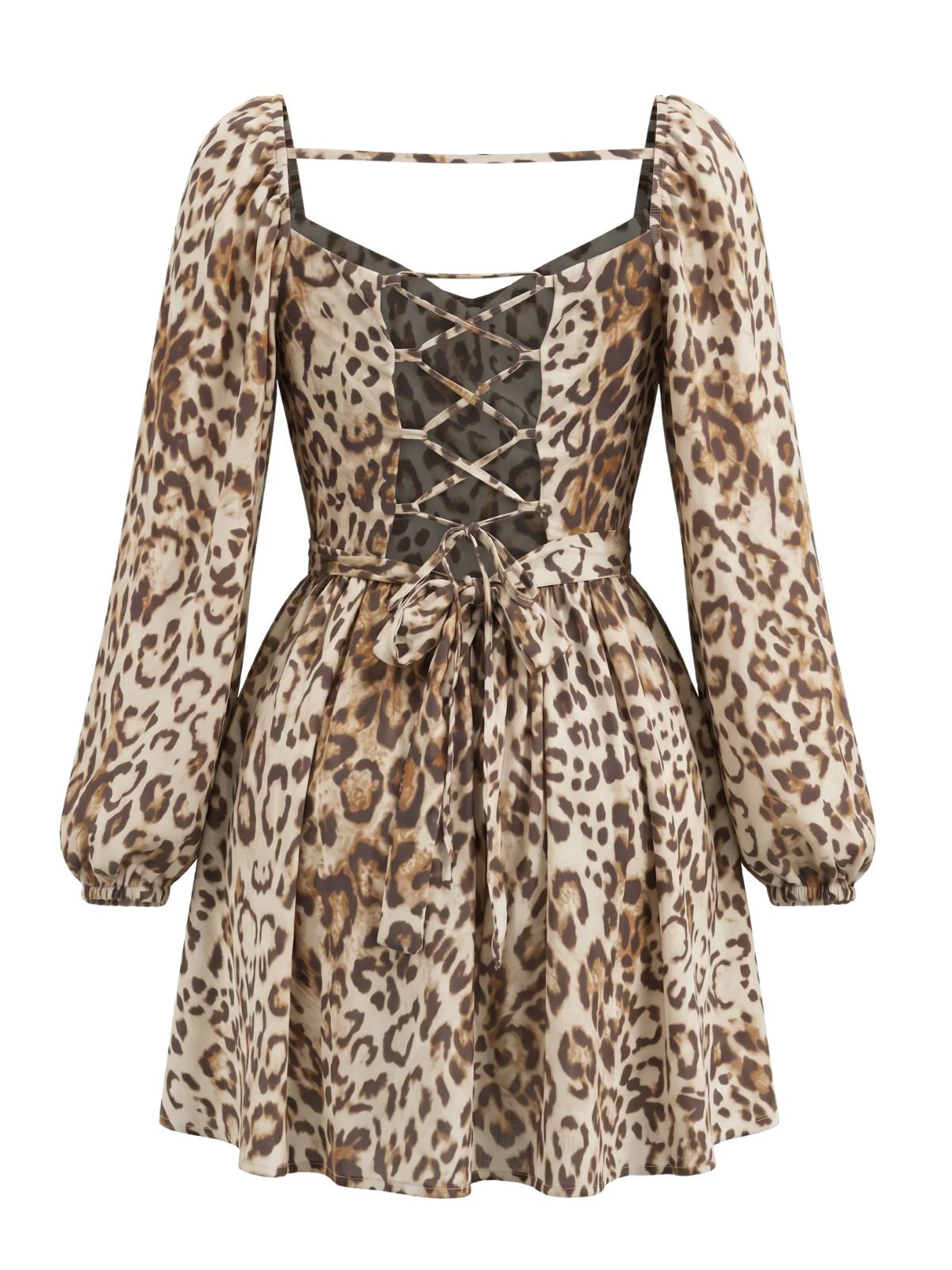 Brown 1950s Leopard Backless Long Sleeve Square Neck Dress - Image 3