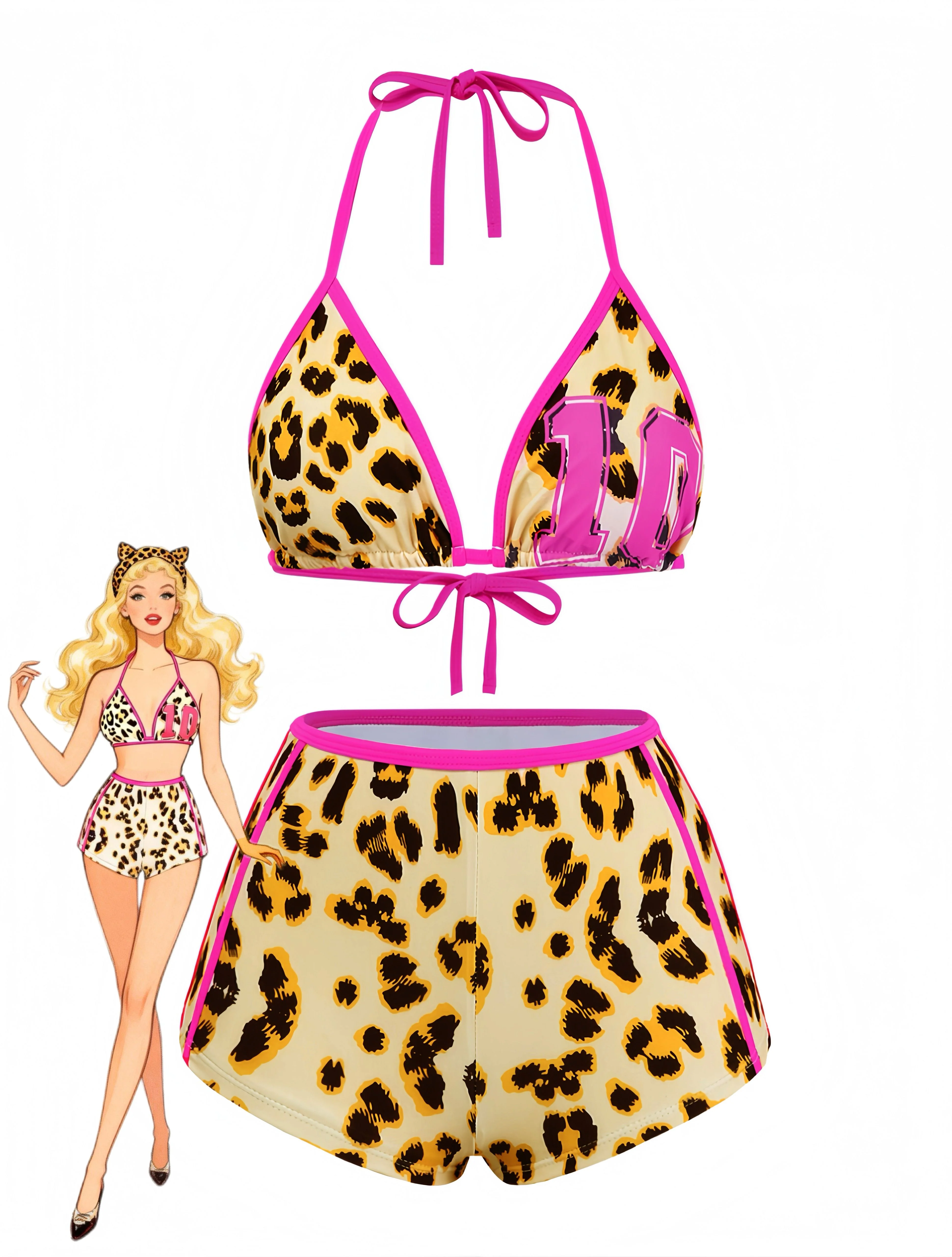 Brown 1950s Leopard Halter Colorblock Tankini Set