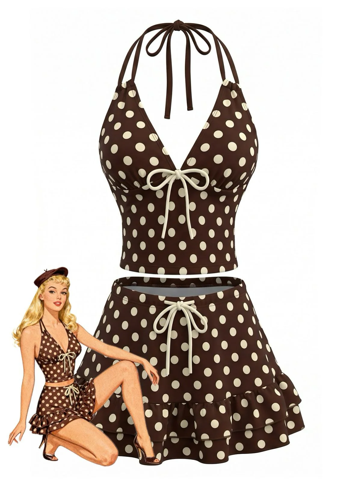 Brown 1950s Polka Dot Halter Ruffle Swimsuit