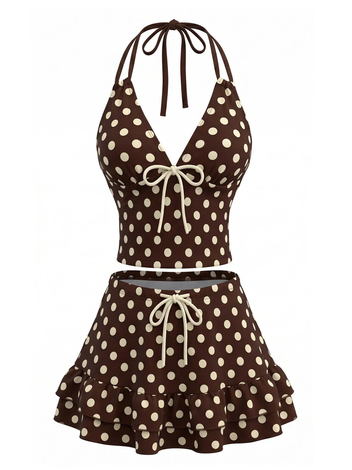 Brown 1950s Polka Dot Halter Ruffle Swimsuit - Image 2