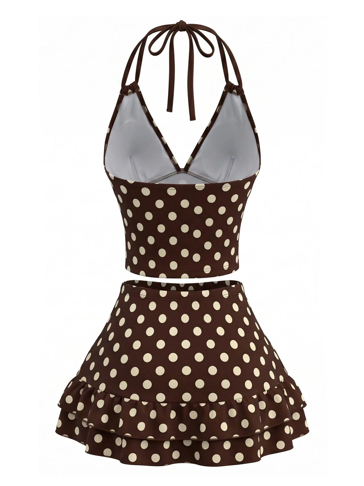 Brown 1950s Polka Dot Halter Ruffle Swimsuit - Image 3
