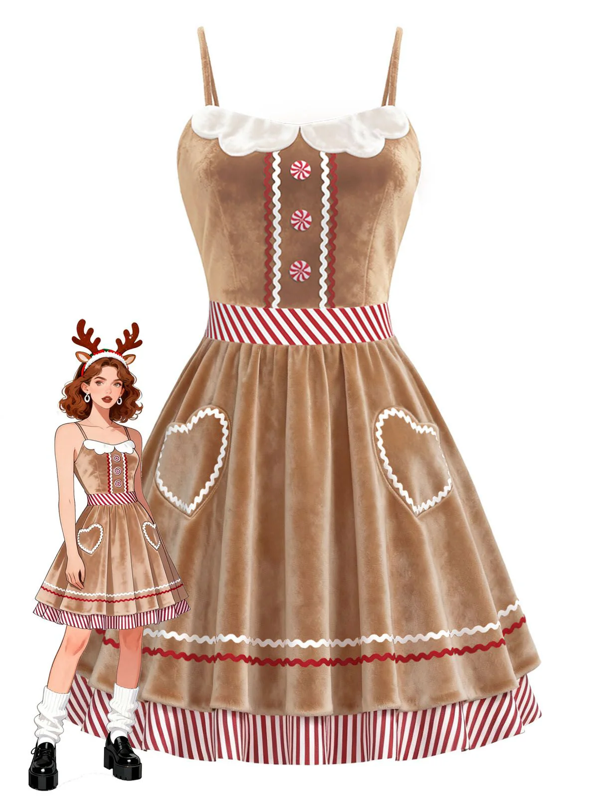 Brown 1960s Gingerbread Heart Stripe Velvet Strap Dress