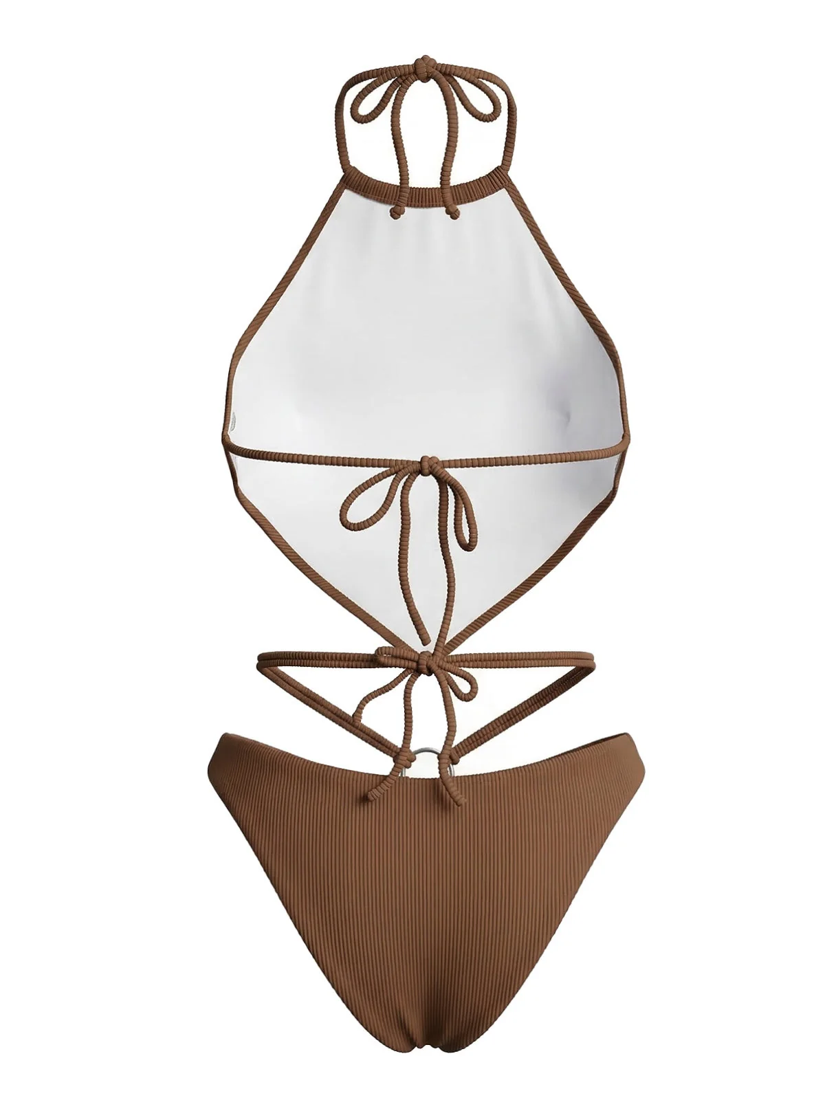 Brown 1960s Halter Ribbed Bikini Set - Image 3