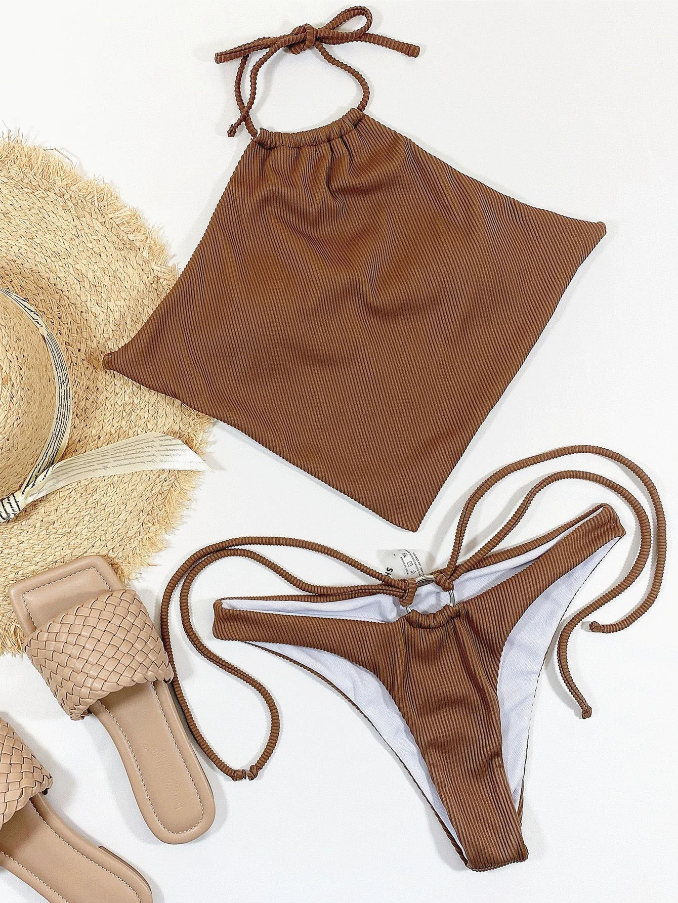 Brown 1960s Halter Ribbed Bikini Set - Image 6