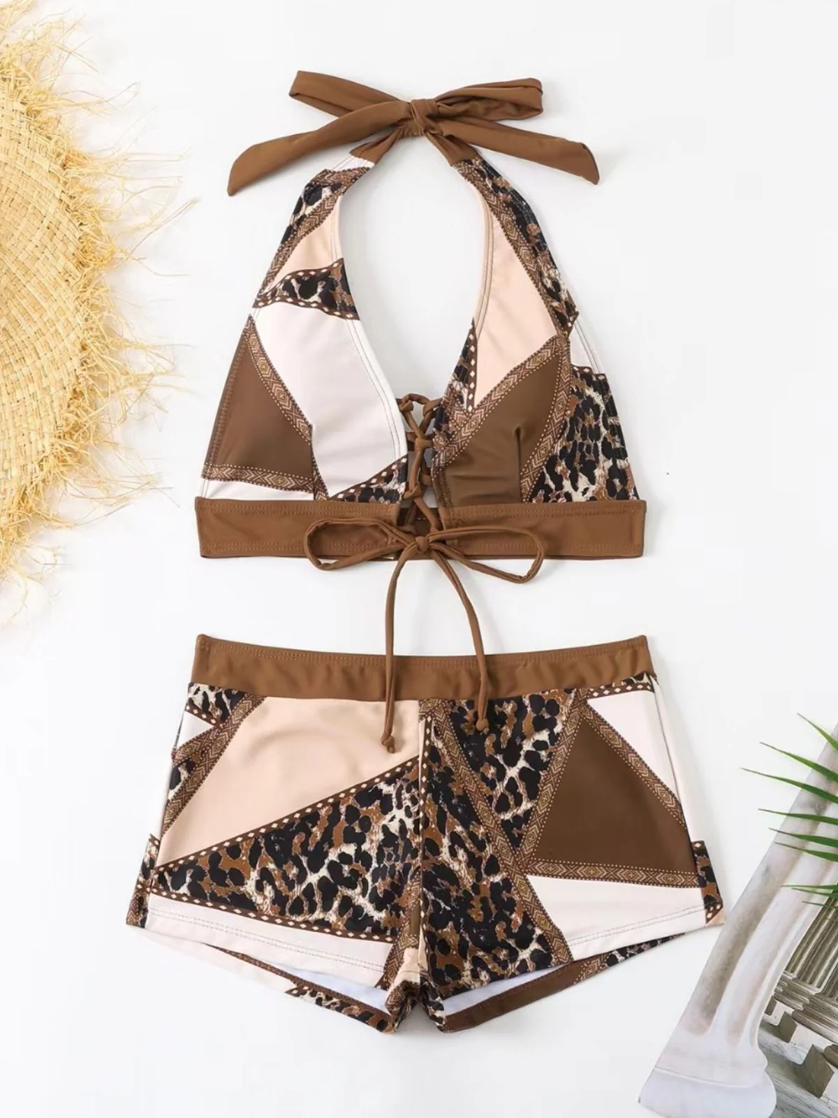 Brown 1960s Leopard Western Lace-Up Tankini Set - Image 3
