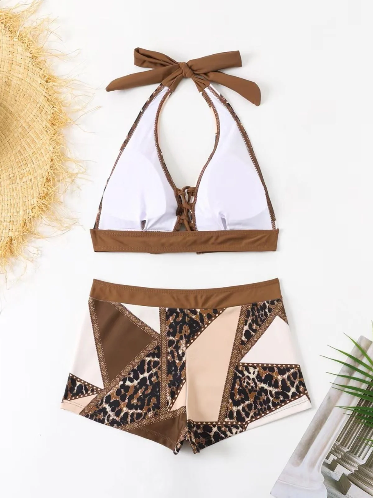 Brown 1960s Leopard Western Lace-Up Tankini Set - Image 4