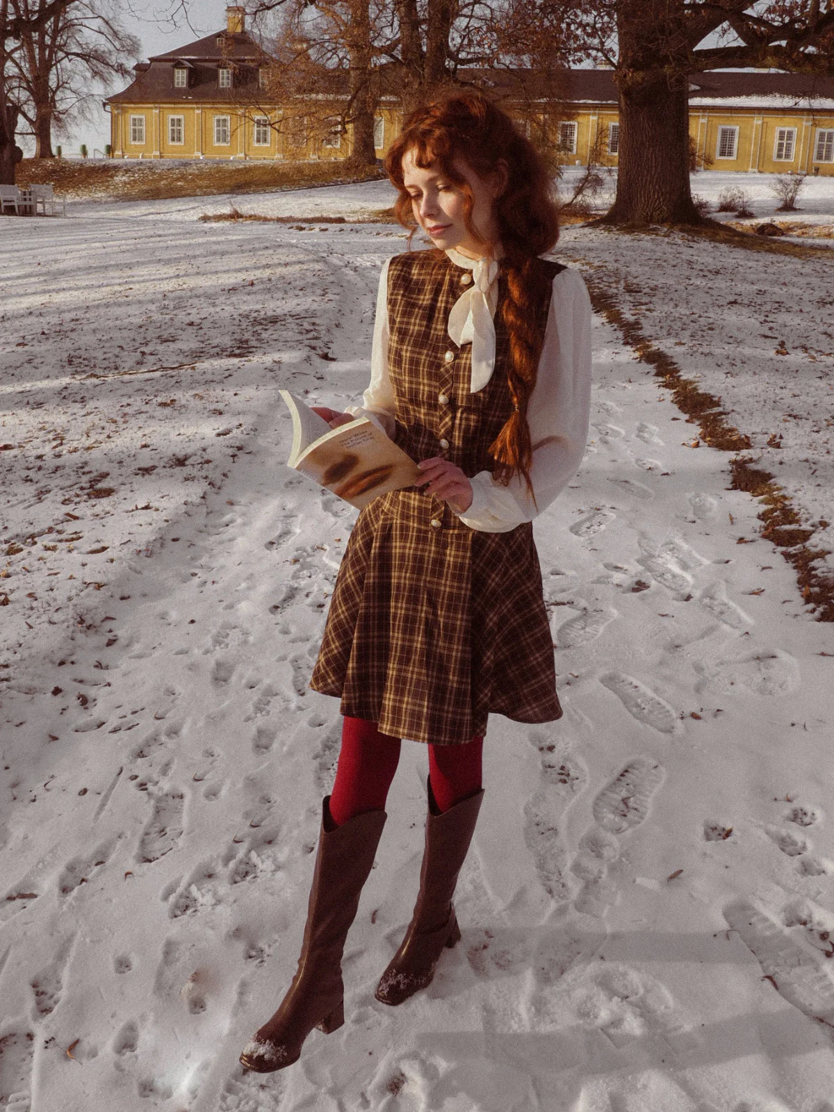Brown 1960s Plaid Bow Tie Button Swing Dress