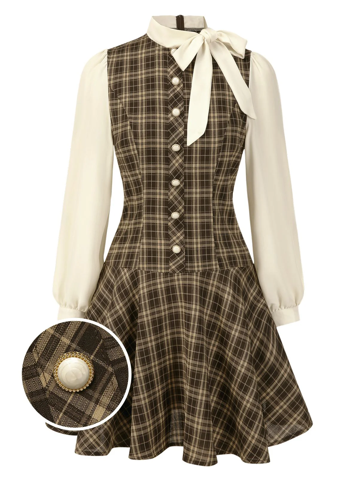 [Pre-Sale] Brown 1960s Plaid Bow Tie Button Swing Dress - Image 2