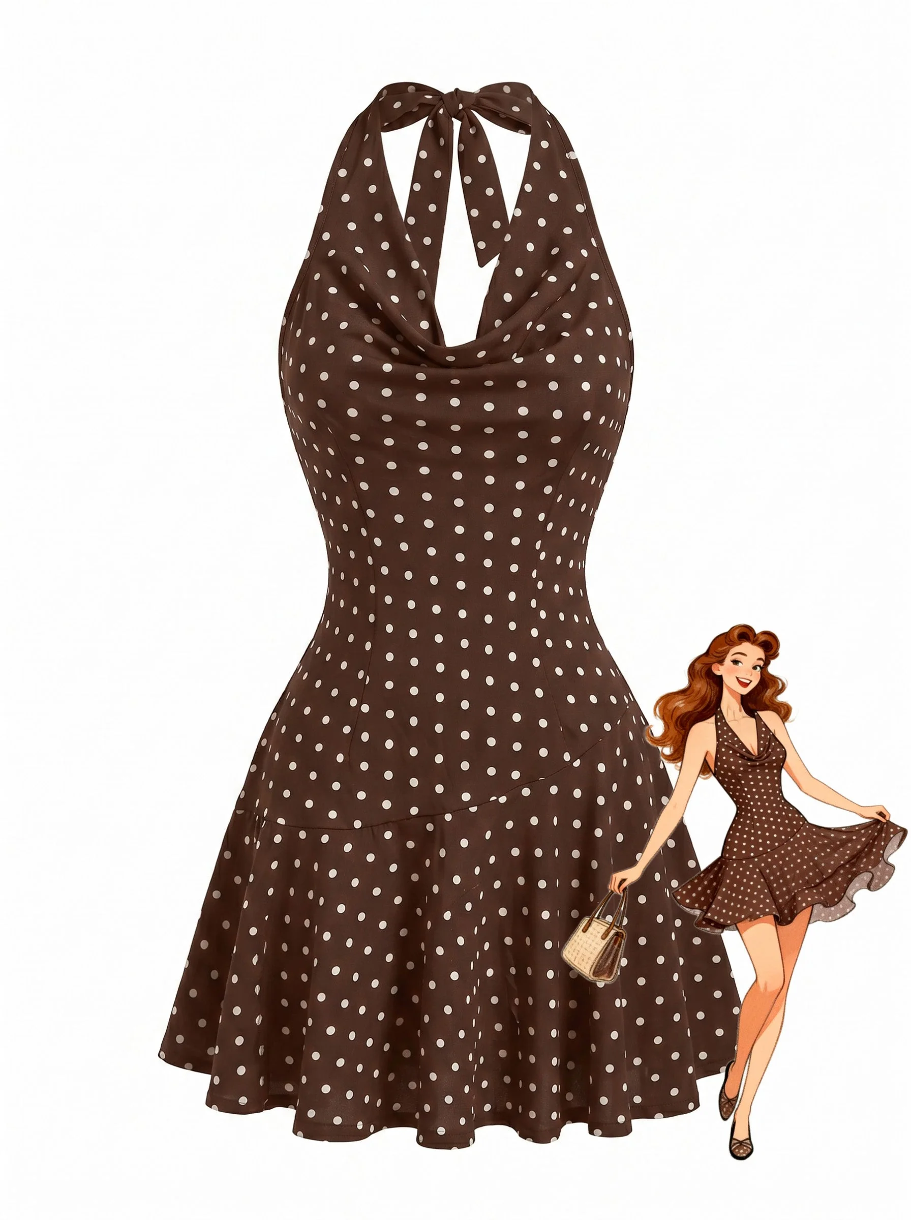 Brown 1960s Polka Dot Halter Cowl Neck Mini Dress