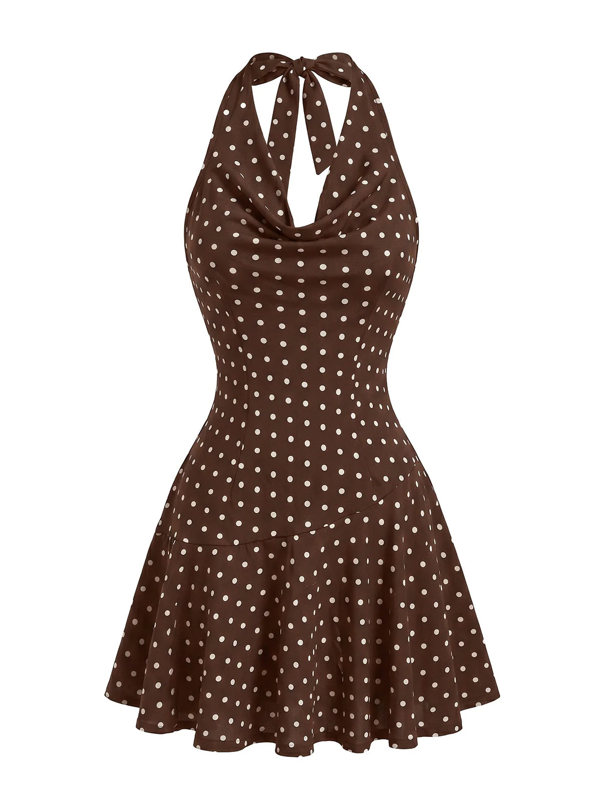 Brown 1960s Polka Dot Halter Cowl Neck Mini Dress - Image 2