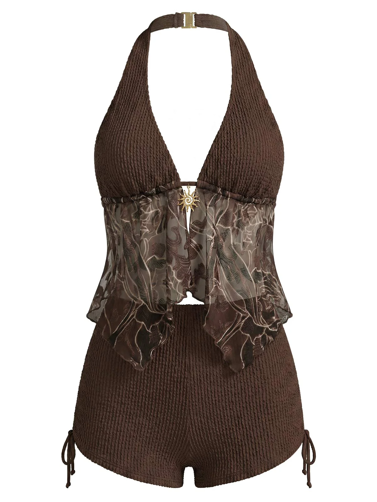 Brown 1960s Halter Sheer Embroidered Mesh Tankini Set - Image 2